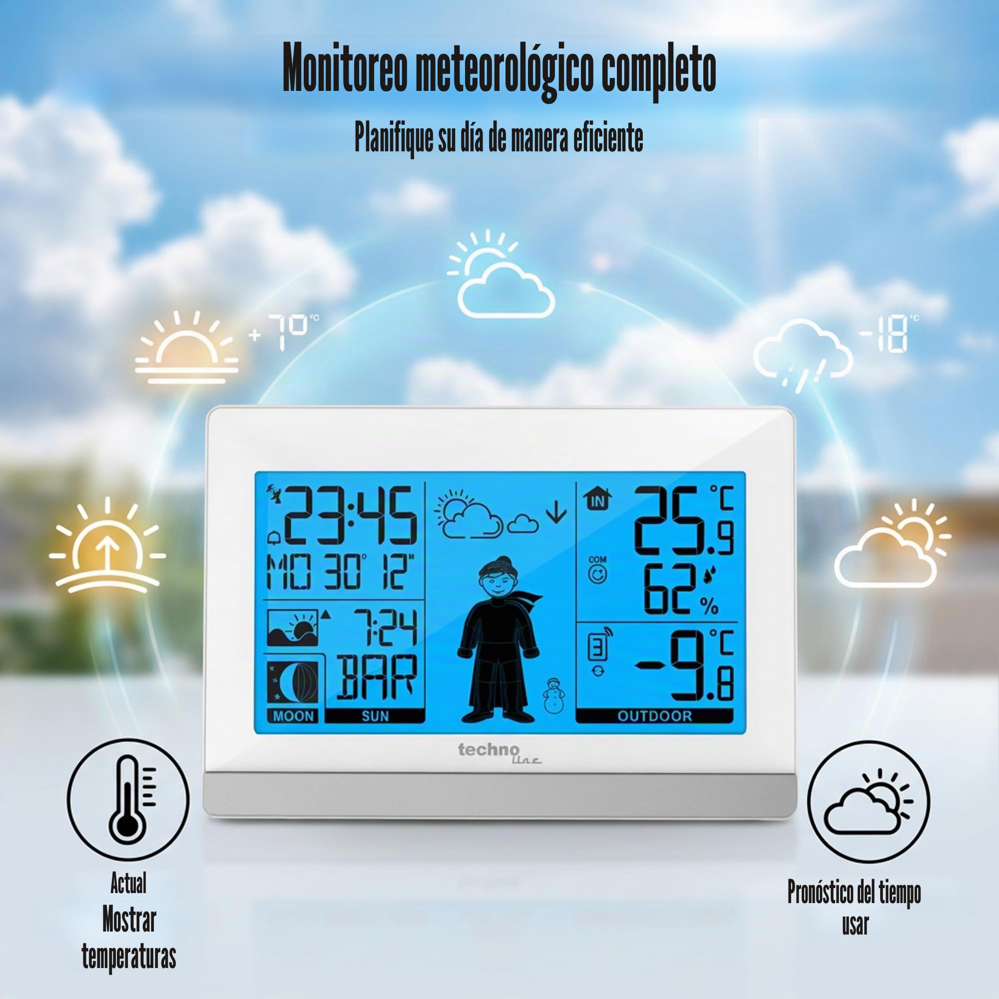 Technoline WS9612 en blanco, con temperatura interior y exterior, pronóstico meteorológico, reloj inalámbrico