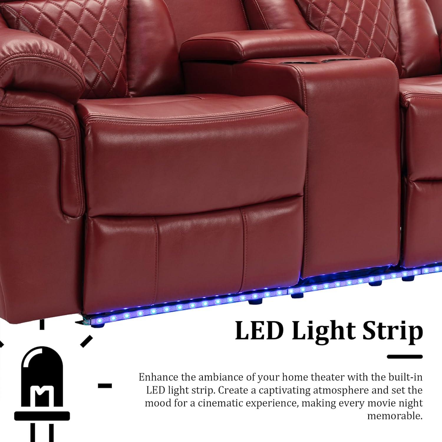 Leather Reclining Sofa Set,Home Theater Seating with Center Console, LED Light Strip, and Storage Cup Holders, 2 Seater for Living Room, Office, Home Theater, RV, Loveseat(Wine Red)