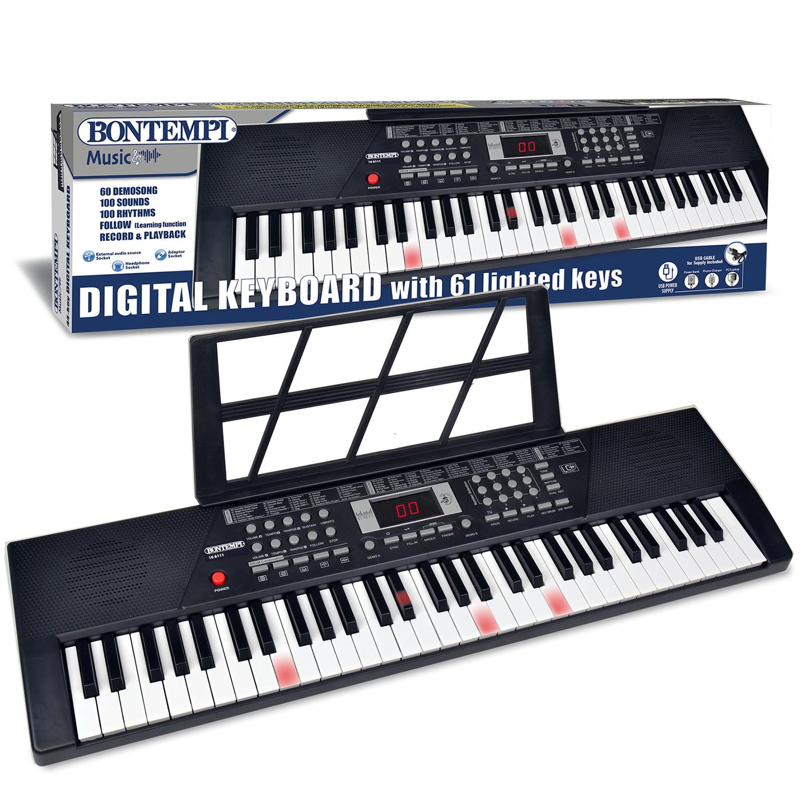Bontempi | HarmonyKeys - Clavier Piano Numérique 61 Touches, Touches Lumineuses Parfaites pour S'Amuser, 83.9x24.9x9.9 cm