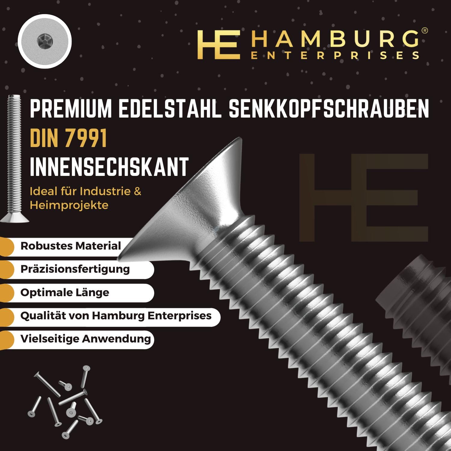 Tornillo de cabeza avellanada M5 x 40mm de acero inoxidable de primera calidad - DIN 7991 - paquete de 50 - hexágono interior - Ideal para proyectos industriales y domésticos - A2 V2A VA