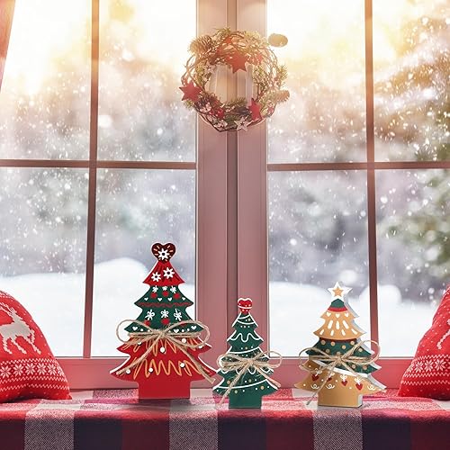 Miniatura 4 de Capoda 5 piezas de decoración de mesa de árbol de Navidad de madera, 5 tamaños, árbol de Navidad bohemio, centros de mesa de casa de campo, árbol de