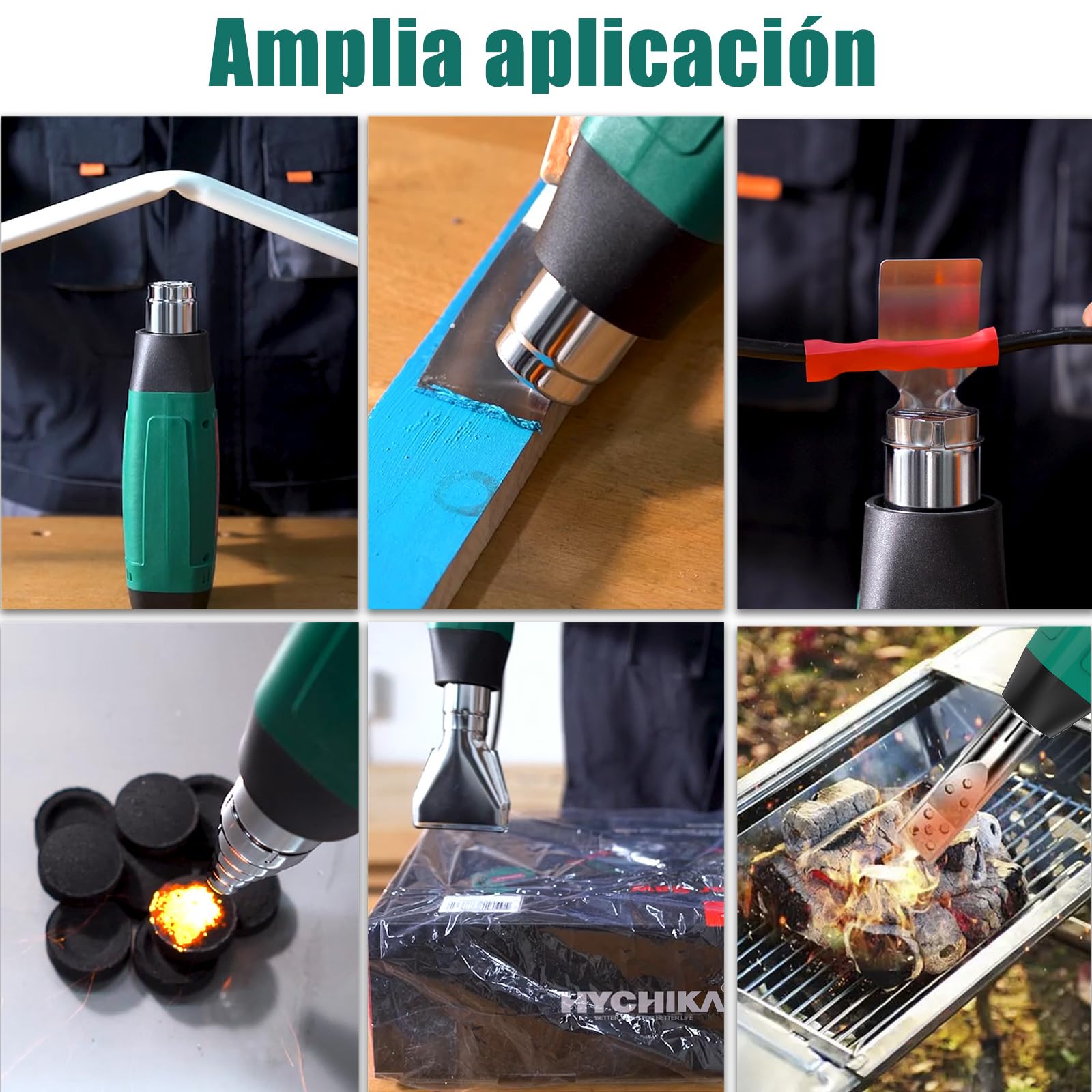 HYCHIKA Pistola de Calor Profesional, 60℃- 600℃ Temperatura Variable Continua, Motor de Cobre Puro de 1800W, Protección Contra Sobrecarga, 6 Boquillas para Decapar Pintura, Termorretráctil, etc