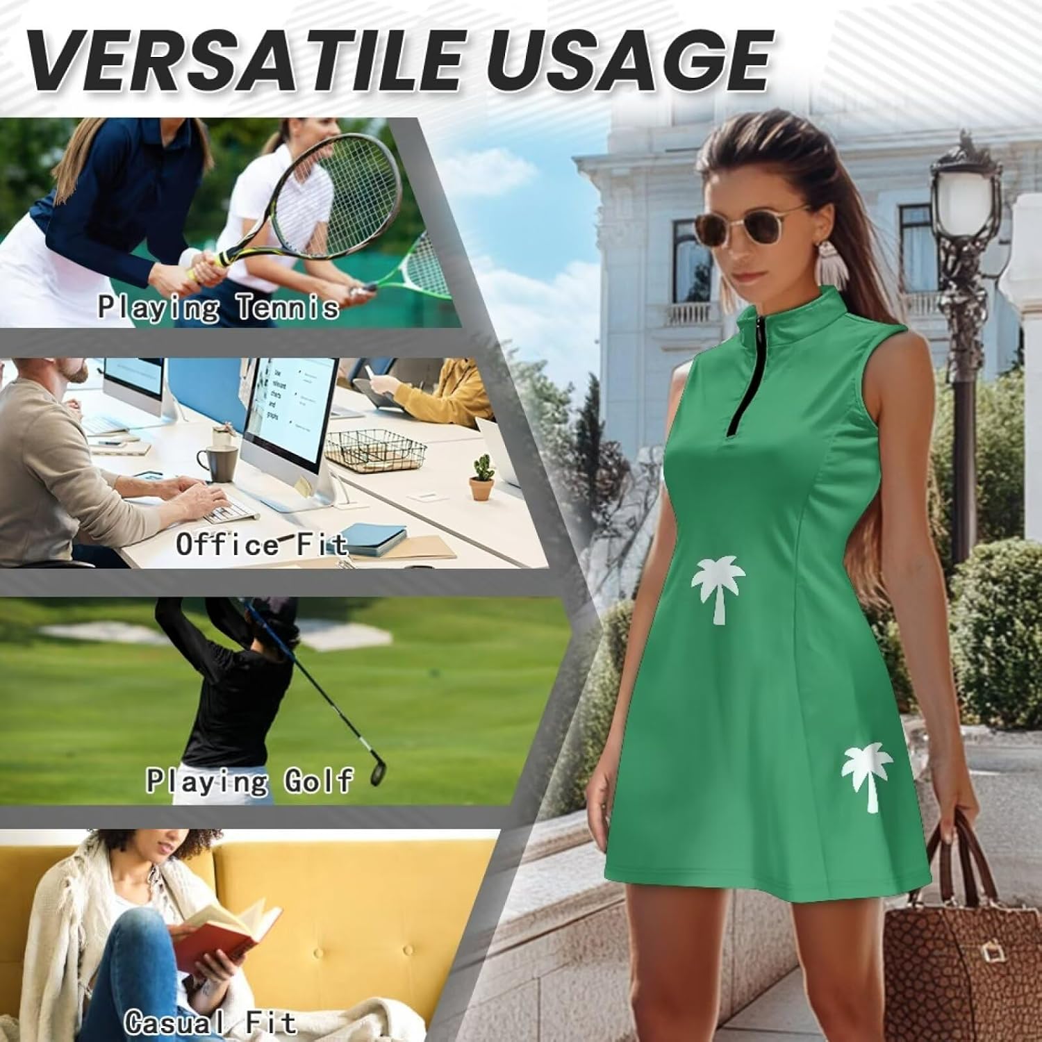 Golf Tennis Dress with Zippered Pockets,Stand-up Collar Design,Suitable for Women.Plus-Size Sleeveless Fitness Style.