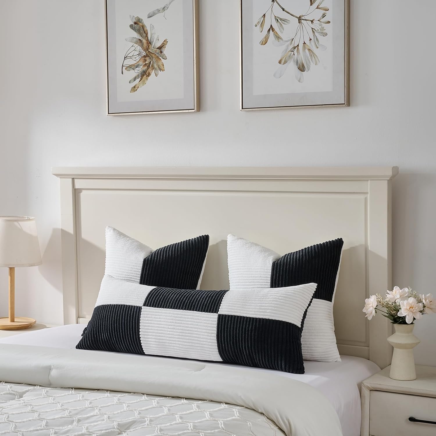 Fancy Homi Set of 2 Black White Decorative Throw Pillow Covers 18x18 Inch with for Couch Bed Sofa Living Room, Soft Cross Patchwork Striped Corduroy Modern Square Cushion Case 45x45 cm - Image 5