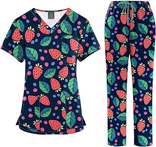 Meichoon Scrubs Set for Women Medical Uniform Set V-Neck Cartoon Print Short Sleeve Top with Pockets and Adjustable Loose ...