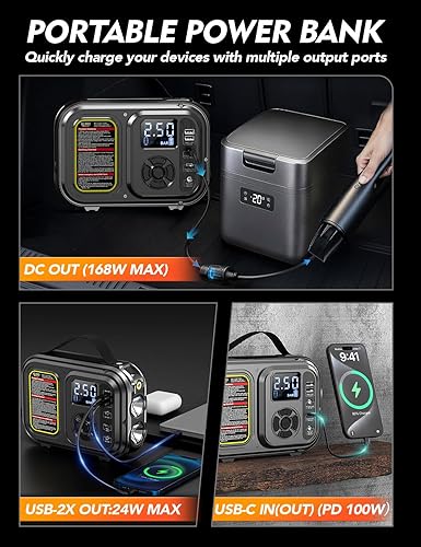 Miniatura 4 de Arrancador con luz de campamento inflador de aire, pico de 6000 A, batería ultrasafe de 12 V, 20000 mAh, para todos los motores diésel de gas10L,