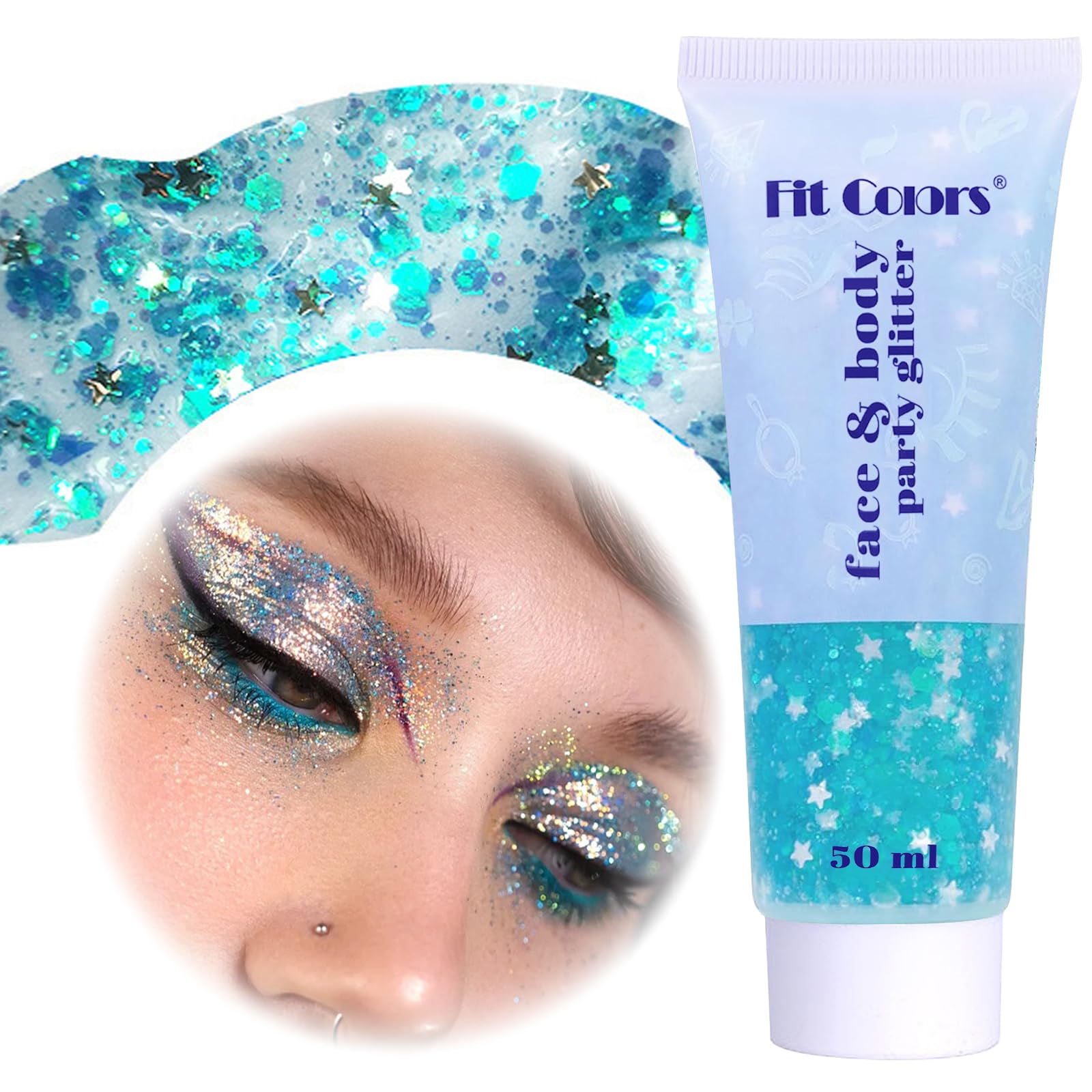 50ML Gel con Purpurina para el Cuerpo, Body Glitter Gel, Sombra de Ojos Liquida Brillante, Gel en polvo para Festivales, Lentejuelas de Sirena, Uñas, Cosméticos, Mascaradas (Azul)