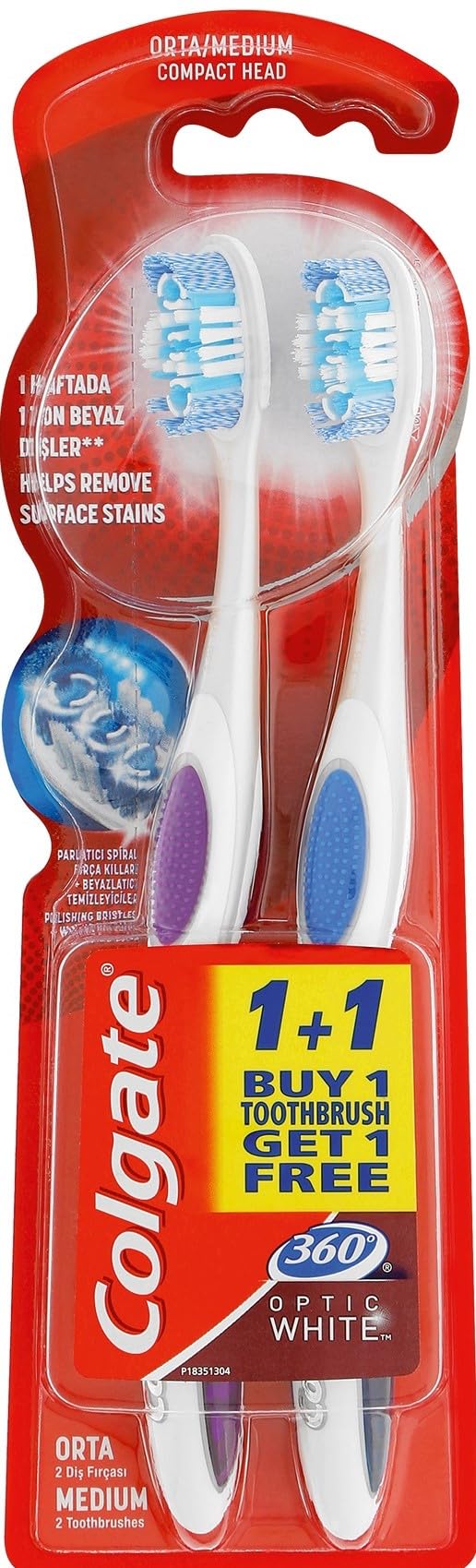 Colgate 360 Optik Beyaz Dil ve Yanak Temizleyicili Orta Beyazlatıcı Diş Fırçası 1+1