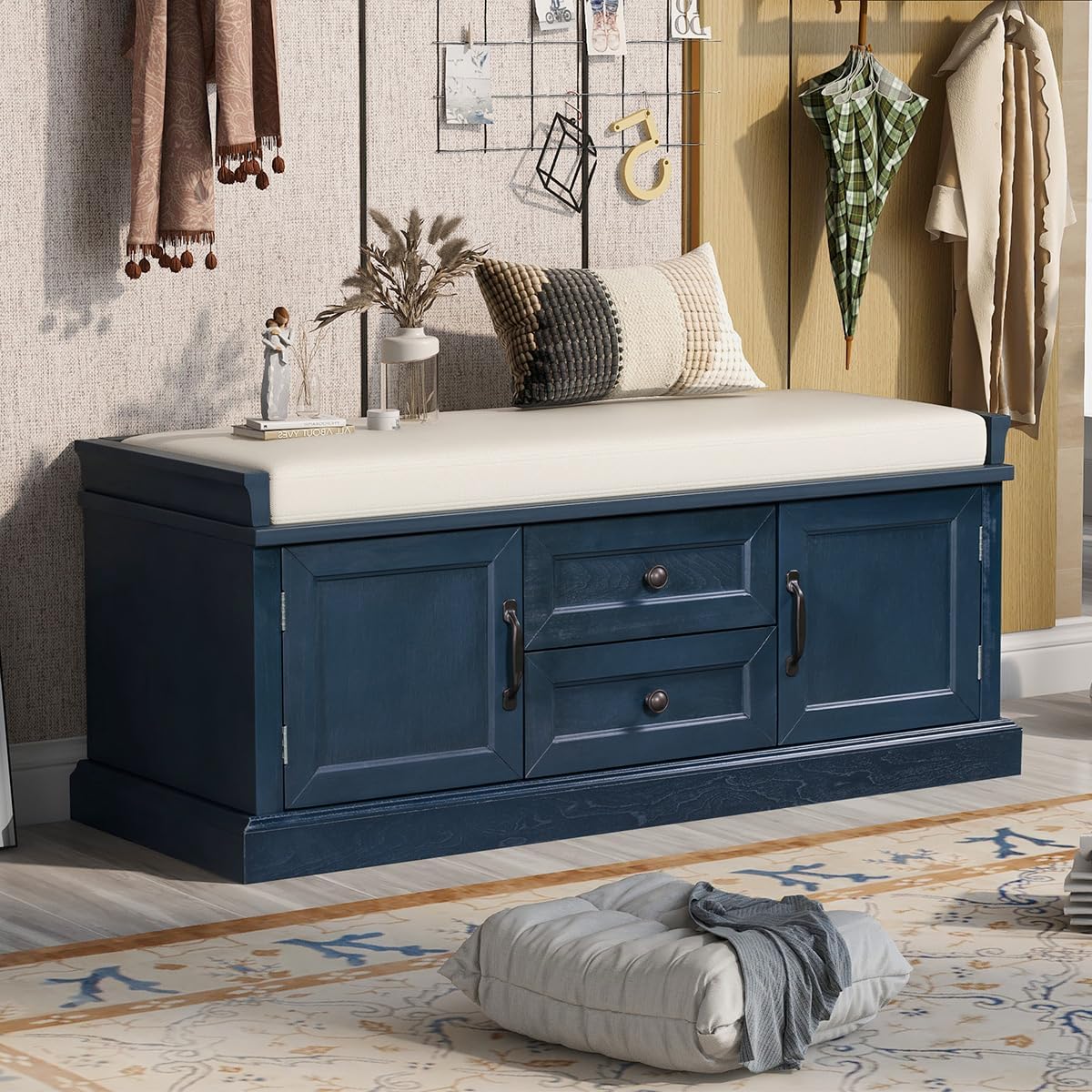 Shoe Storage Bench with Removable Cushion, Doors & Drawers, Padded Seat - Hallway/Entryway Bench (White)