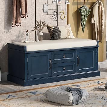 Storage Bench With Removable Cushion, Shoe Storage With Doors & Drawers, Padded Seat, Hallway & Entryway Bench Antique Navy