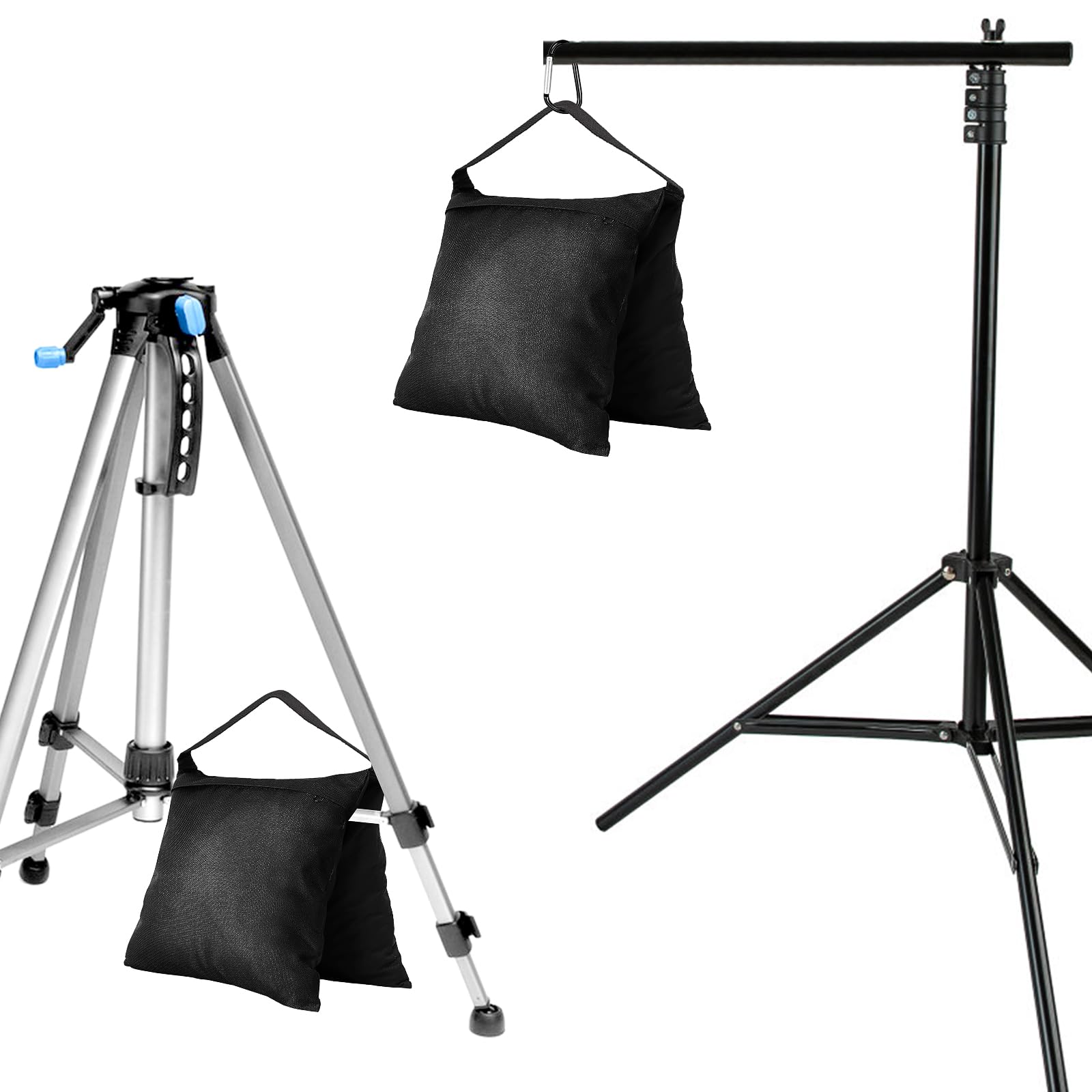 8 Stück Fotografische Leere Sandsack-Sets für Lichtständer, Gewichtstaschen für Fotostative, Schwere Satteltaschen mit Karabinerhaken & PE-Beuteln – Für Stativ, Zelt, Pavillon, Schirmständer – Schwarz