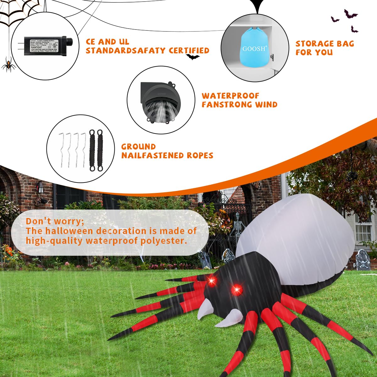 GOOSH 6.7 FT Halloween Inflatable Spider With Lights - Outdoor Blow Up Yard Decoration