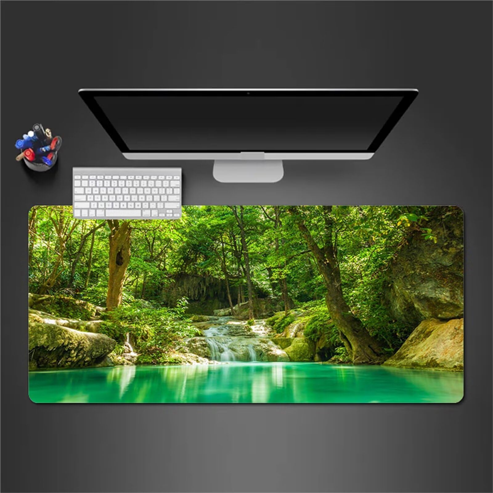 Jungle Waterfall podkładka pod mysz gamingowa duża podkładka pod mysz, 100 x 50 x 0,3 cm, podkładka na biurko z antypoślizgową podstawą i przeszytymi krawędziami, podkładka pod mysz, XXL, do gier,