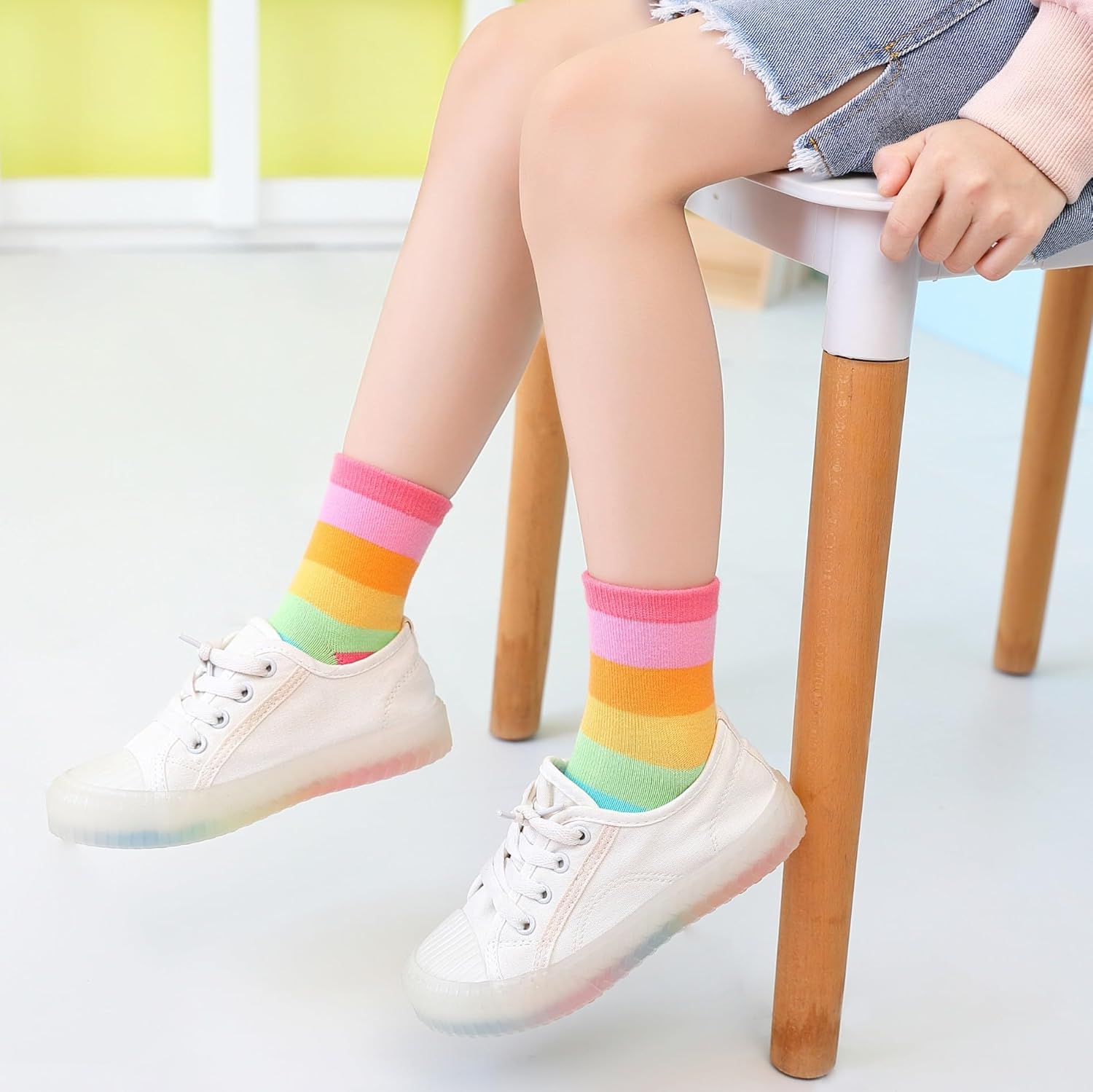 Girls Seamless Socks Rainbow Stripes Cotton Socks Kids Casual Athletic Socks For School - Image 3