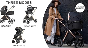 PU Leather 3 in 1 Pushchair Travel System, Toddler Stroller, Baby Pram 3 in 1, Infant Carriage with One-Click Folding, Newborn Buggy with Aluminum Frame (V6 Beige)