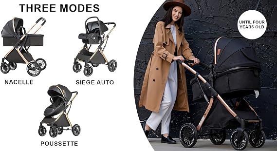 PU Leather 3 in 1 Pushchair Travel System, Toddler Stroller, Baby Pram 3 in 1, Infant Carriage with One-Click Folding, Newborn Buggy with Aluminum Frame (V6 Beige)