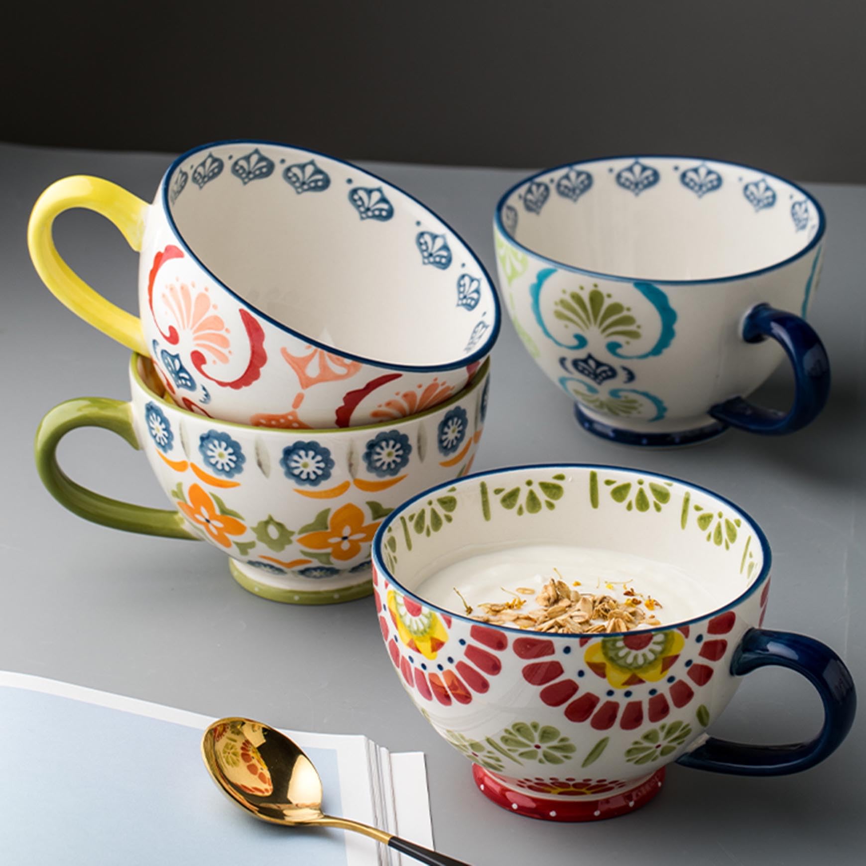 TYMYYS Tazze Da Zuppa Con Manici, Tazze Da Brodo In Ceramica, Scodella Per Microonde, Tazza Da Zuppa, Scodella Per La Colazione-colorato-12x12x9.5cm, 500ml