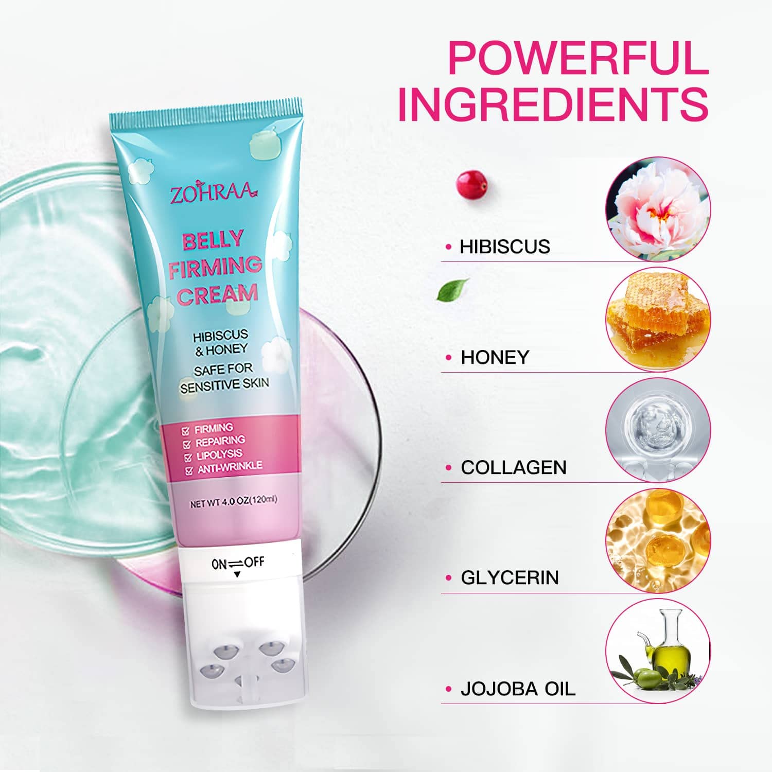 Hibiscus and Honey B Flat Belly Firming Cream - Skin Tightening Cream for Stomach, Thighs & Butt, Moisturizing Firming Cream for Women and Men(Cream + Massager)