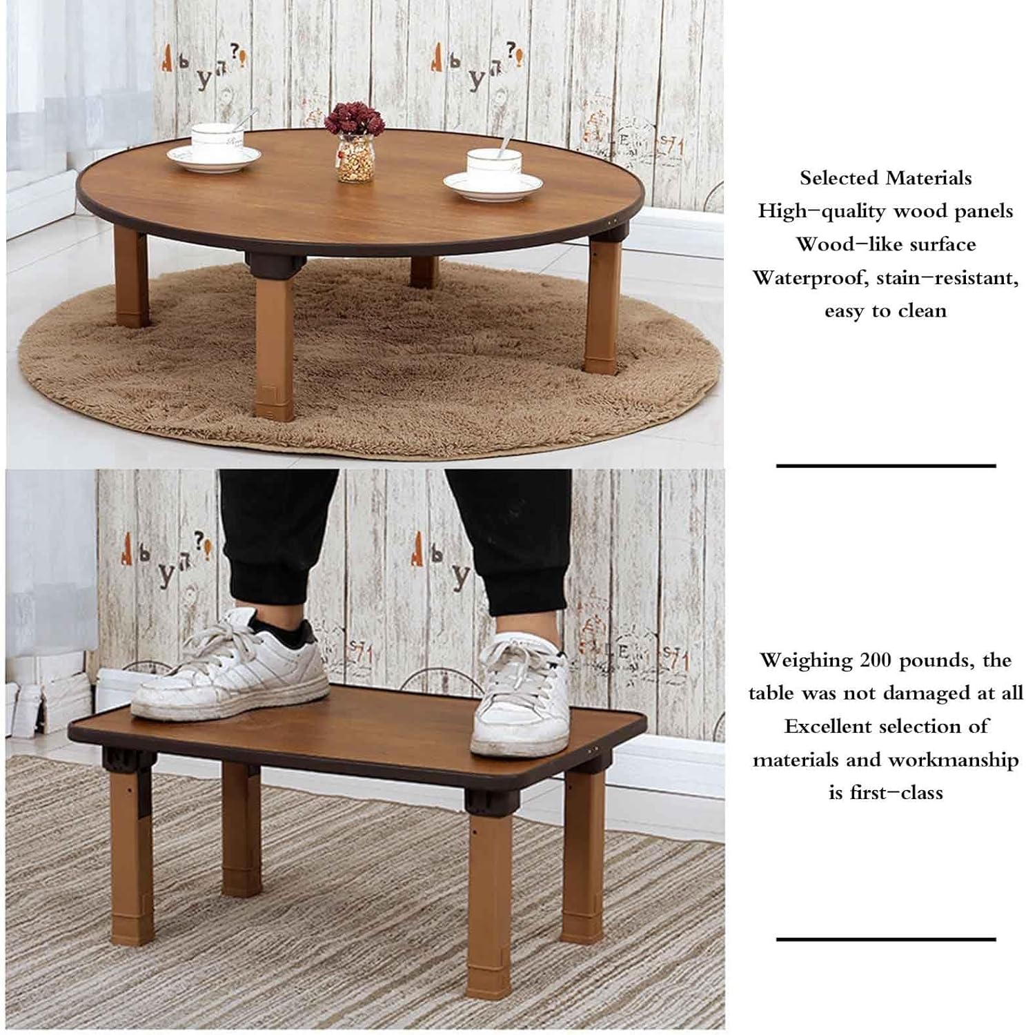 28in Portable Folding Round Coffee Table - Korean Style Low Floor Table, Foldable Small Desk for Living Room & Picnic, Lightweight & Easy to Store