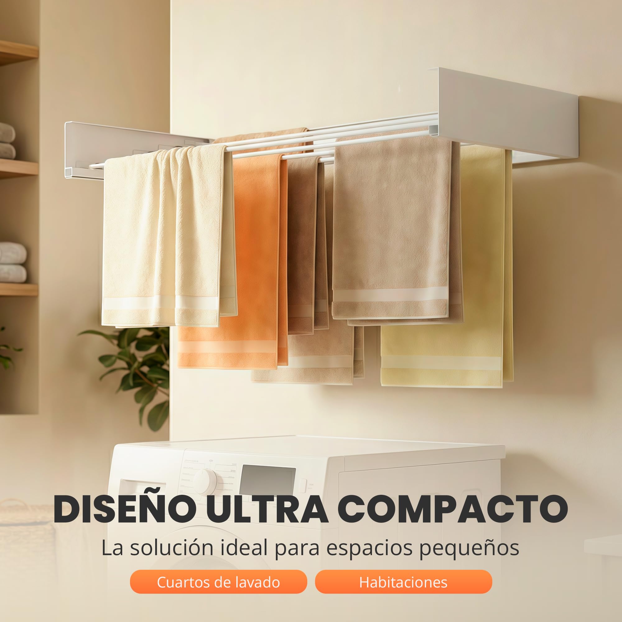 JUPPLIES Tendedero Extensible Pared Plegable - Tendedero Retráctil Invisible con 5 Barras de Aluminio para Interior o Exterior - Ahorra Espacio con Diseño Compacto (Blanco, 100)