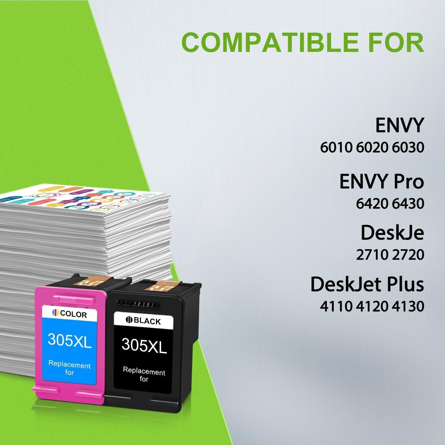 305XL Ink Cartridges Replacement for HP 305XL 305 305 XL Work for Deskjet 2710 2720 DeskJet Plus 4110 4120 Envy 6010 6020 (1 Black, 1 Color)