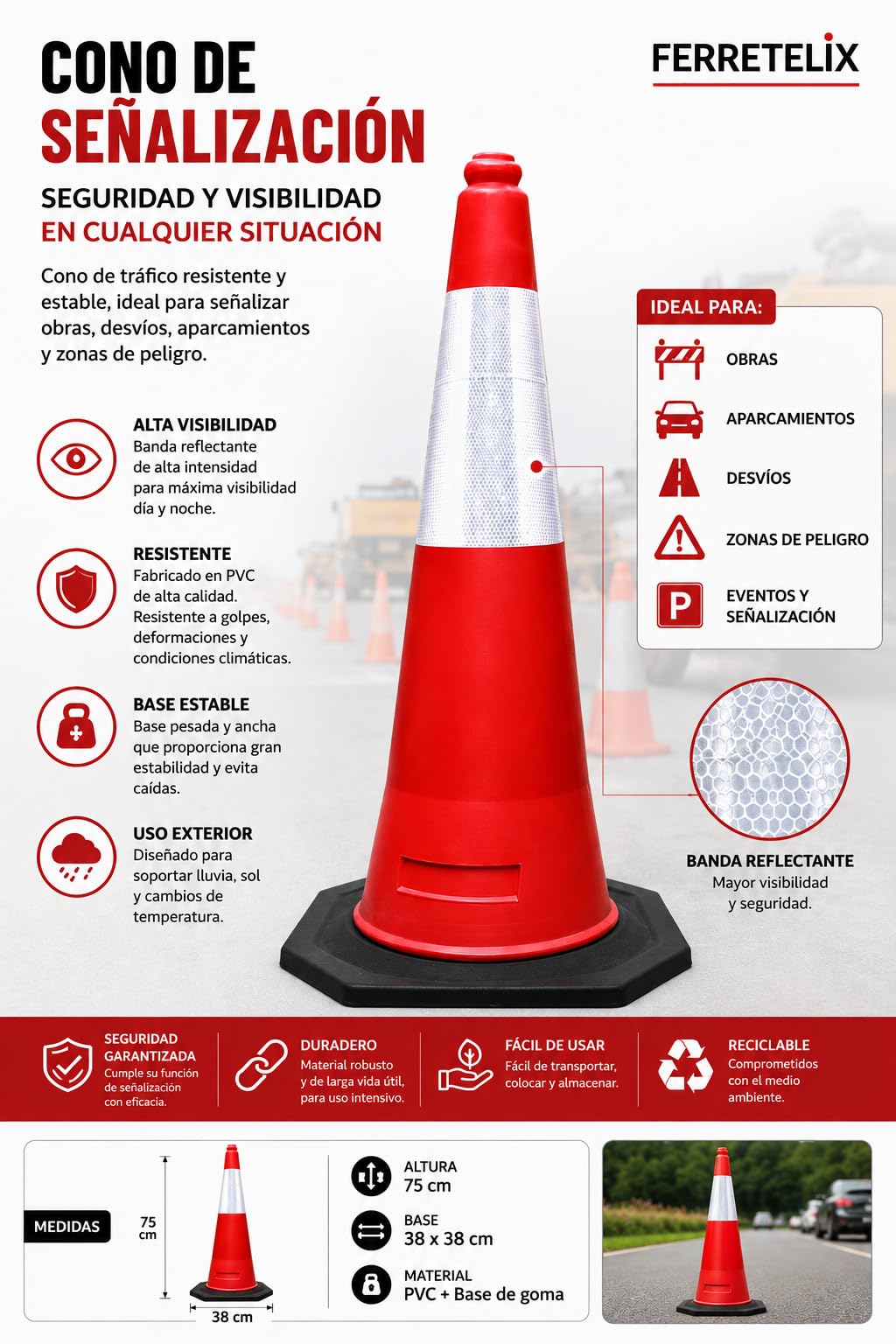 FERRETELIX® 8 Cônes de Signalisation Base Caoutchouc 75 cm Réfléchissants