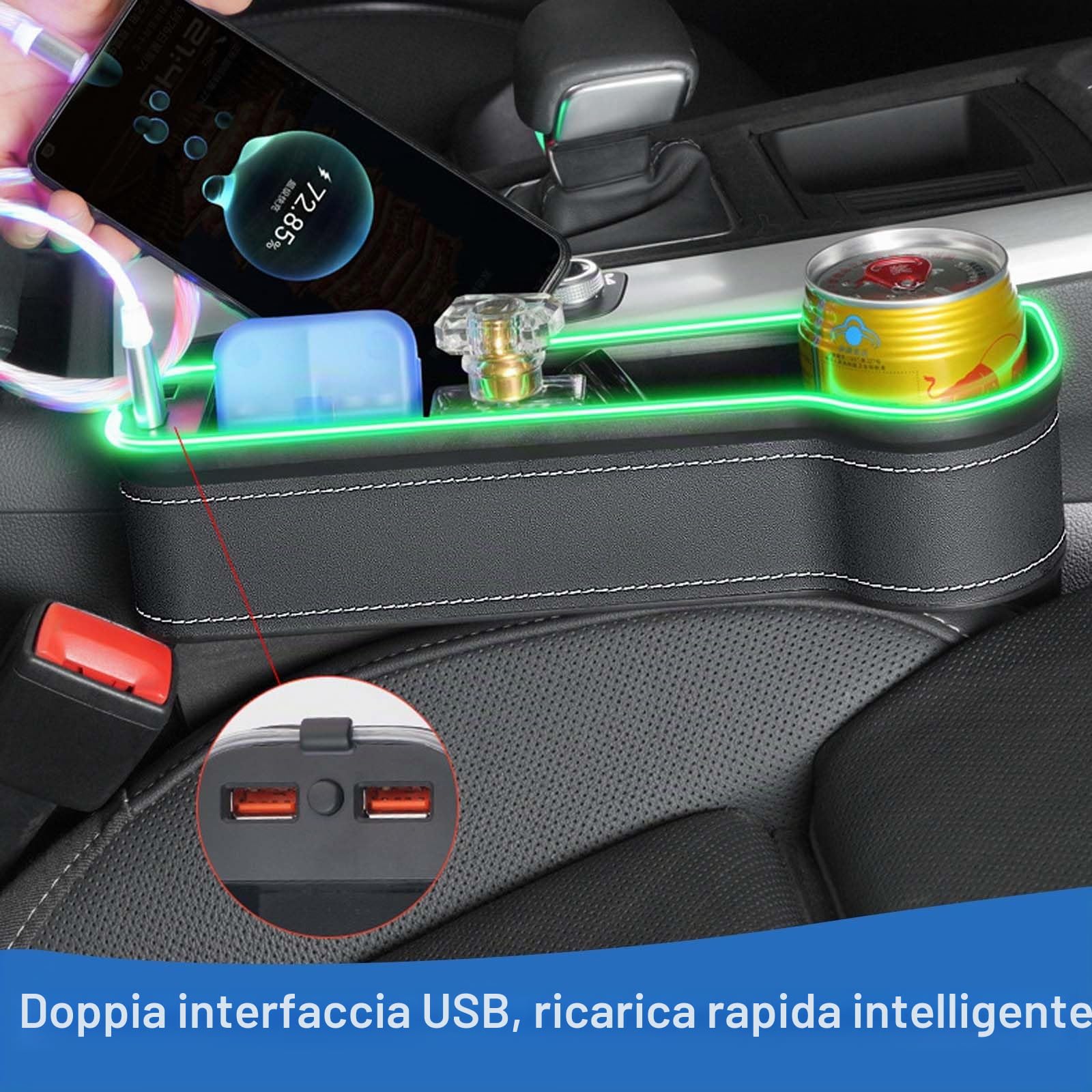 2 Pezzi Scatola Portaoggetti per Seggiolino Auto, Luce Portabicchieri a LED per Auto, Organizer per Auto Sedile Anteriore con Portabicchieri, Porta USB e Luce LED