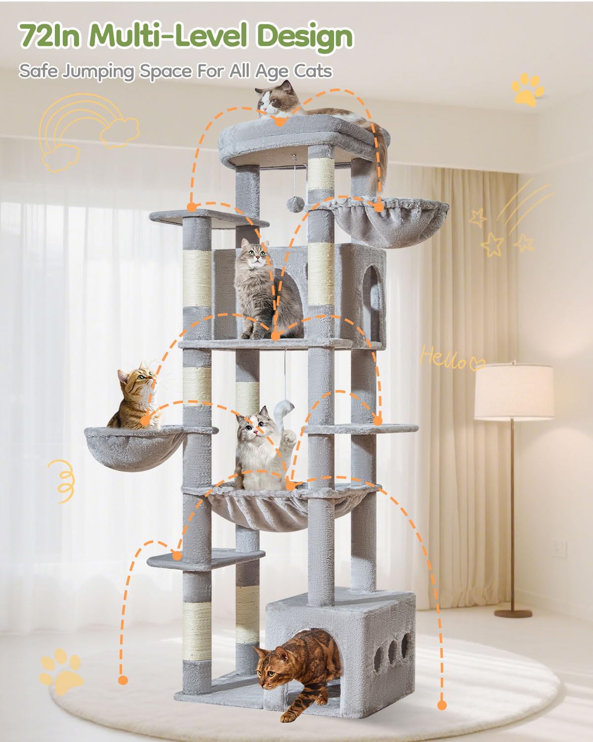 Taoqimiao 72 Inch Cat Tree, XXL Cat Tower for Indoor Cats Large Adult 25Lbs+, Extra-Large Platform, 2 Cat Houses, 7 Scratching Post, Extra-Sized Durable Hammock, Cozy Basket, Smoky Gray, F20G: Light Gray