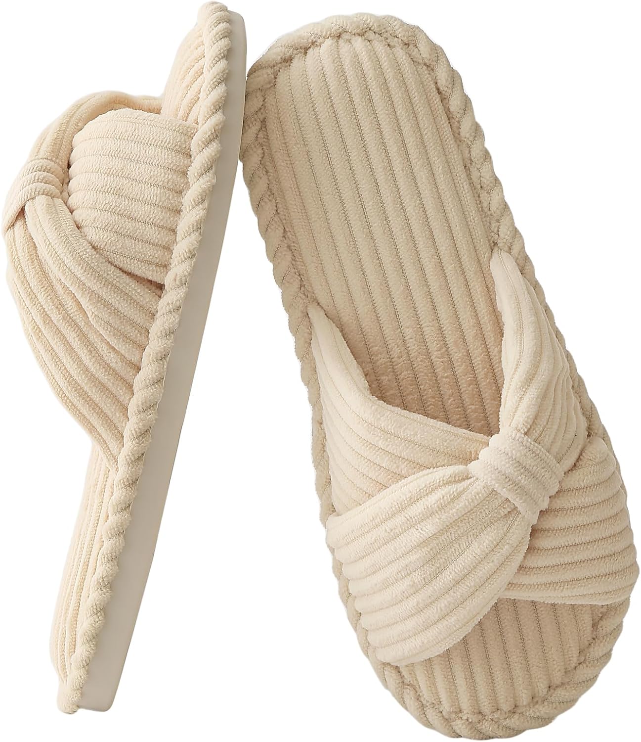Cross Band Slippers For Women Indoor Corduroy Bow Open Toe Slippers Memory Foam Outdoor Shoes