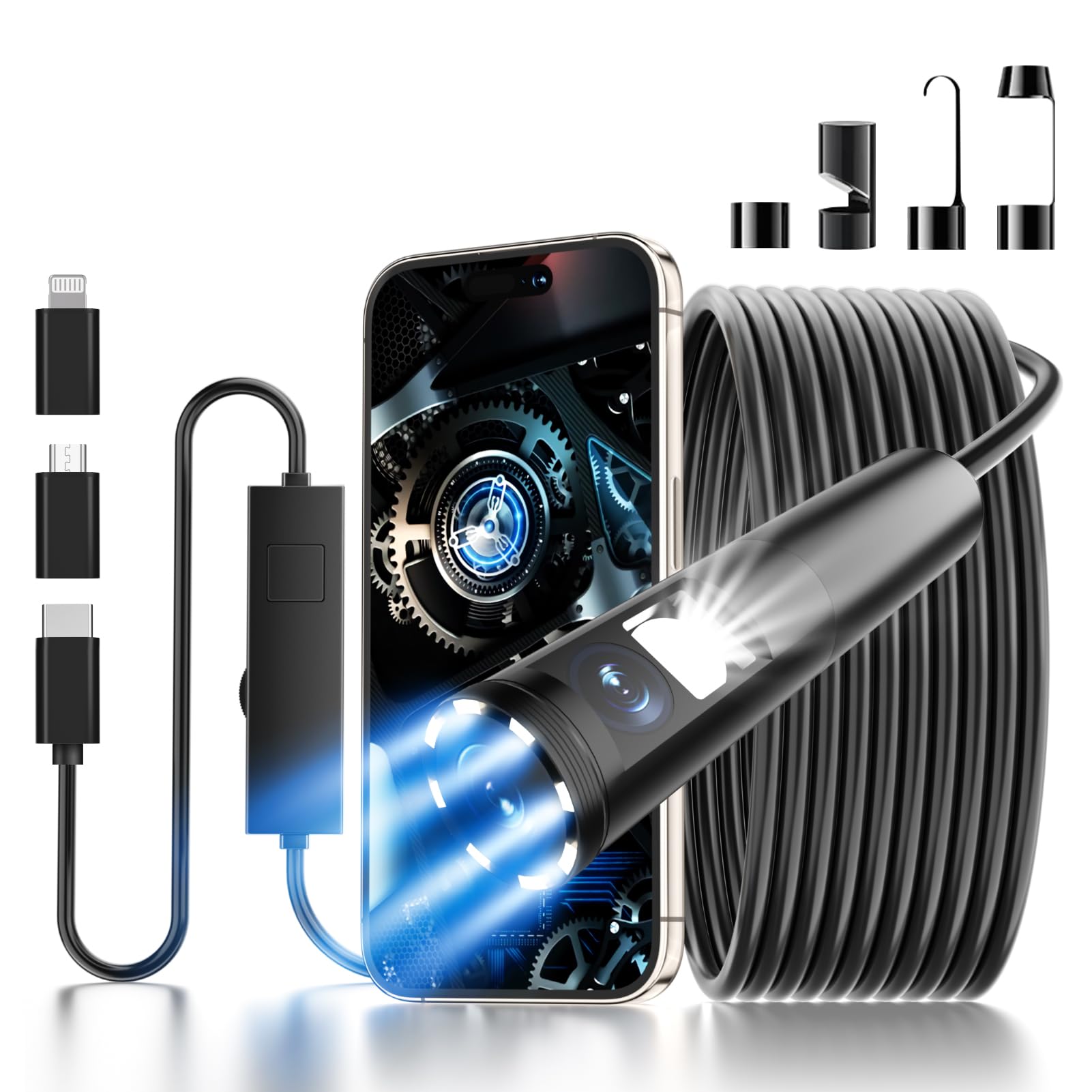 Endoskop HD 1920p z oświetleniem LED, kamera inspekcyjna bez konieczności korzystania z Wi-Fi, kamera kanałowa, wodoszczelna IP67, do systemów Android i iOS, 5 m
