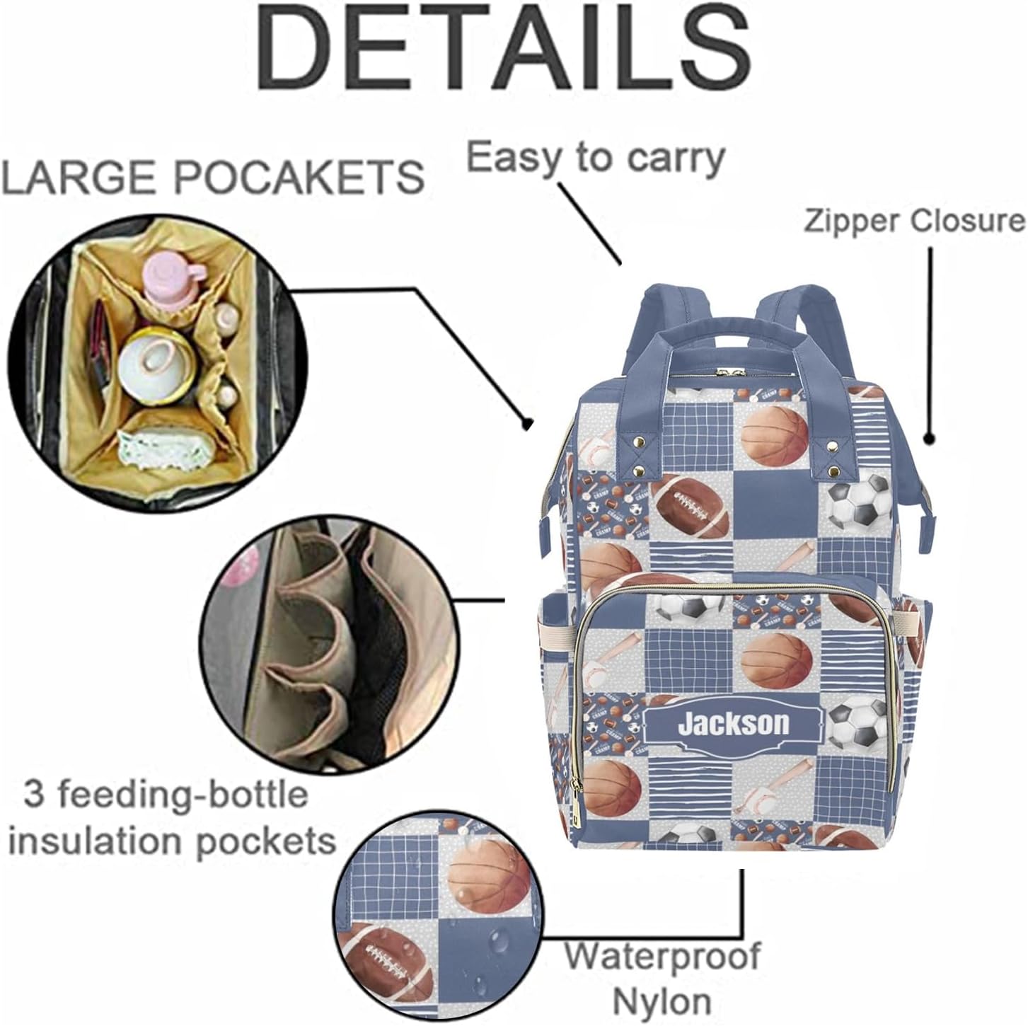 Custom Diaper Bag for baby Customized Sports Theme Baby Bag Personalized Nursing Bags with Name Custom Name Mommy Daypack Bag Tote Bag Gifts