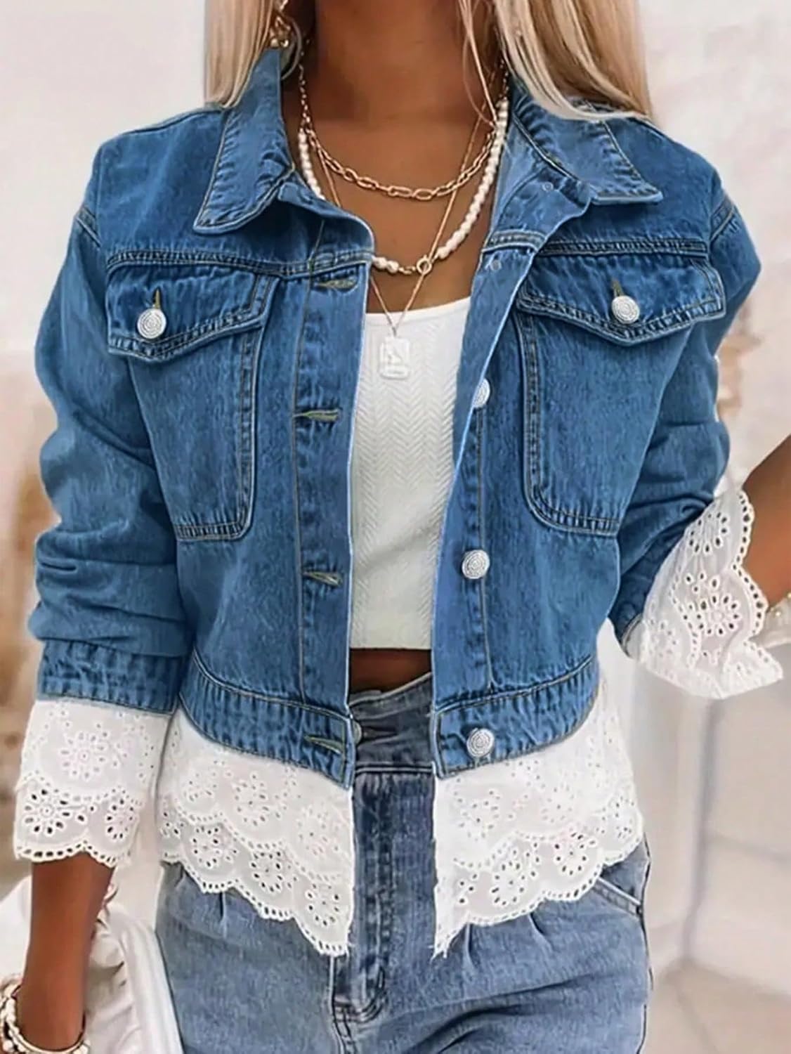 Jean Jacket Women Trendy Color Block Lace Denim Jacket Oversized Long Sleeve Button Down Barn Jackets Shacket Outwear
