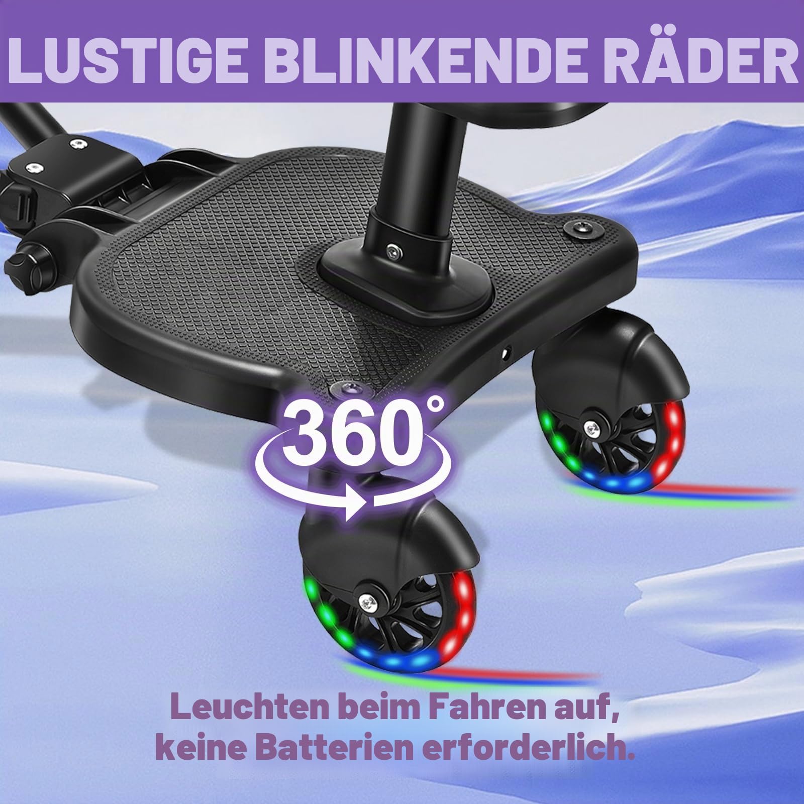 Buggy Board mit LED-Blitzräder, Trittbrett Mitfahrbrett Universal mit Sitz, Kiddy Board für 2-6 Jahre alte Kinder(Belastung 25 kg), Buggy Board für alle Kinderwagen