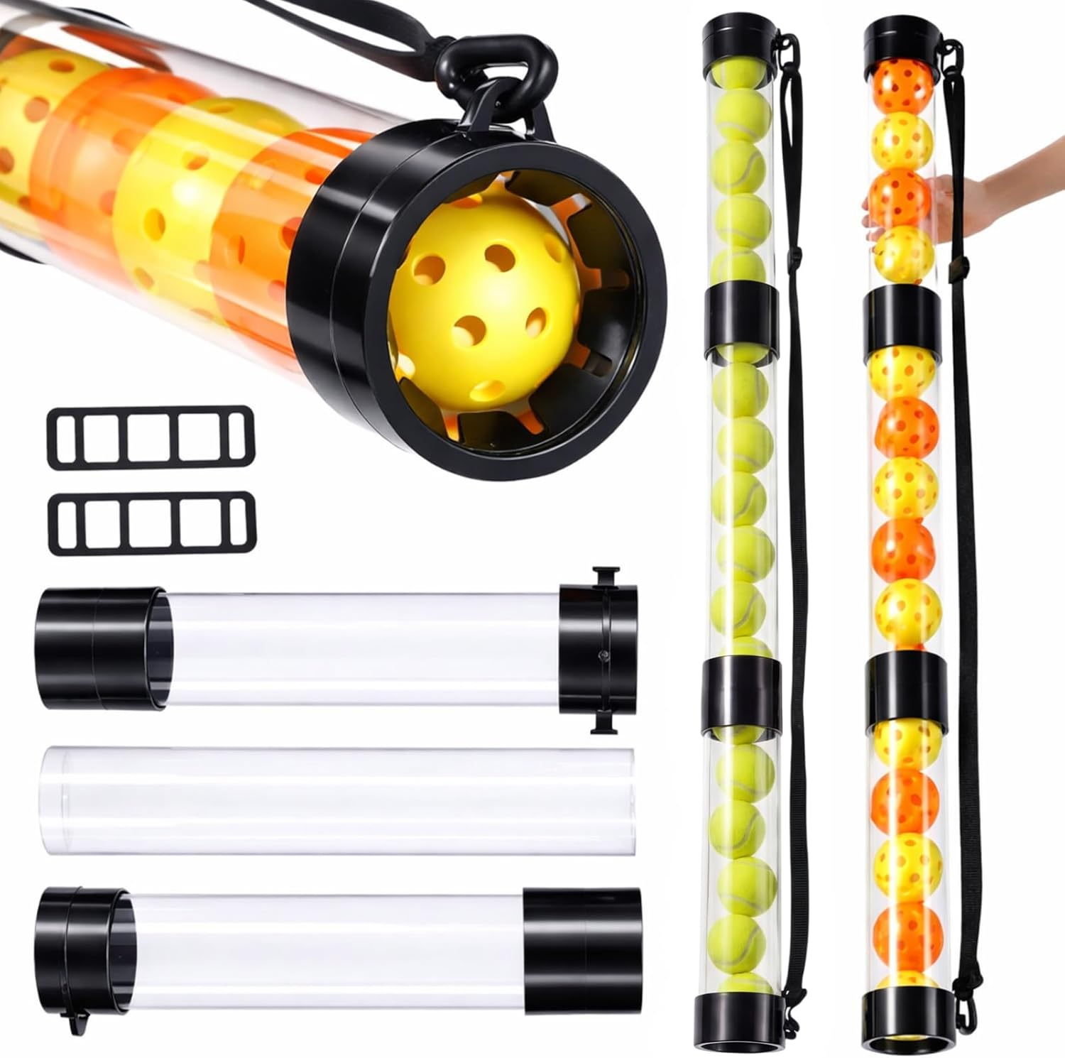 Soulchen 2 Pack 11/16 Balls Tennis Pickup Tube Compatible with Pickleball Tennis Ball Retriever with Shoulder Strap Lightweight Pickup Tube Detachable Collector for Easy Collection Carrying