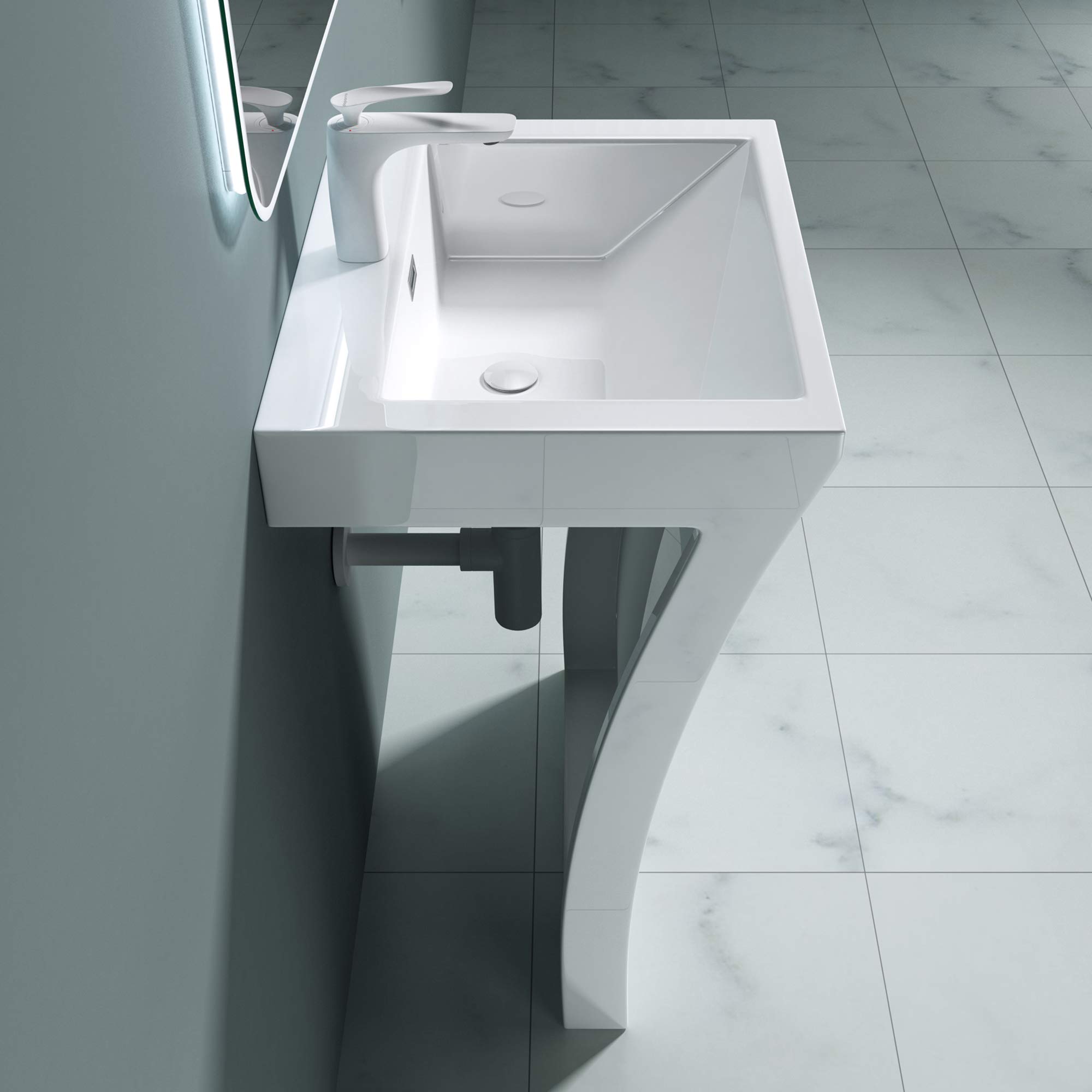 doporro Lavabo sur Pied Vasque Colonne Lave Mains Rectangulaire 60x48x83cm | Blanc en Solid Surface, pour Salle de Bain, Colossum07