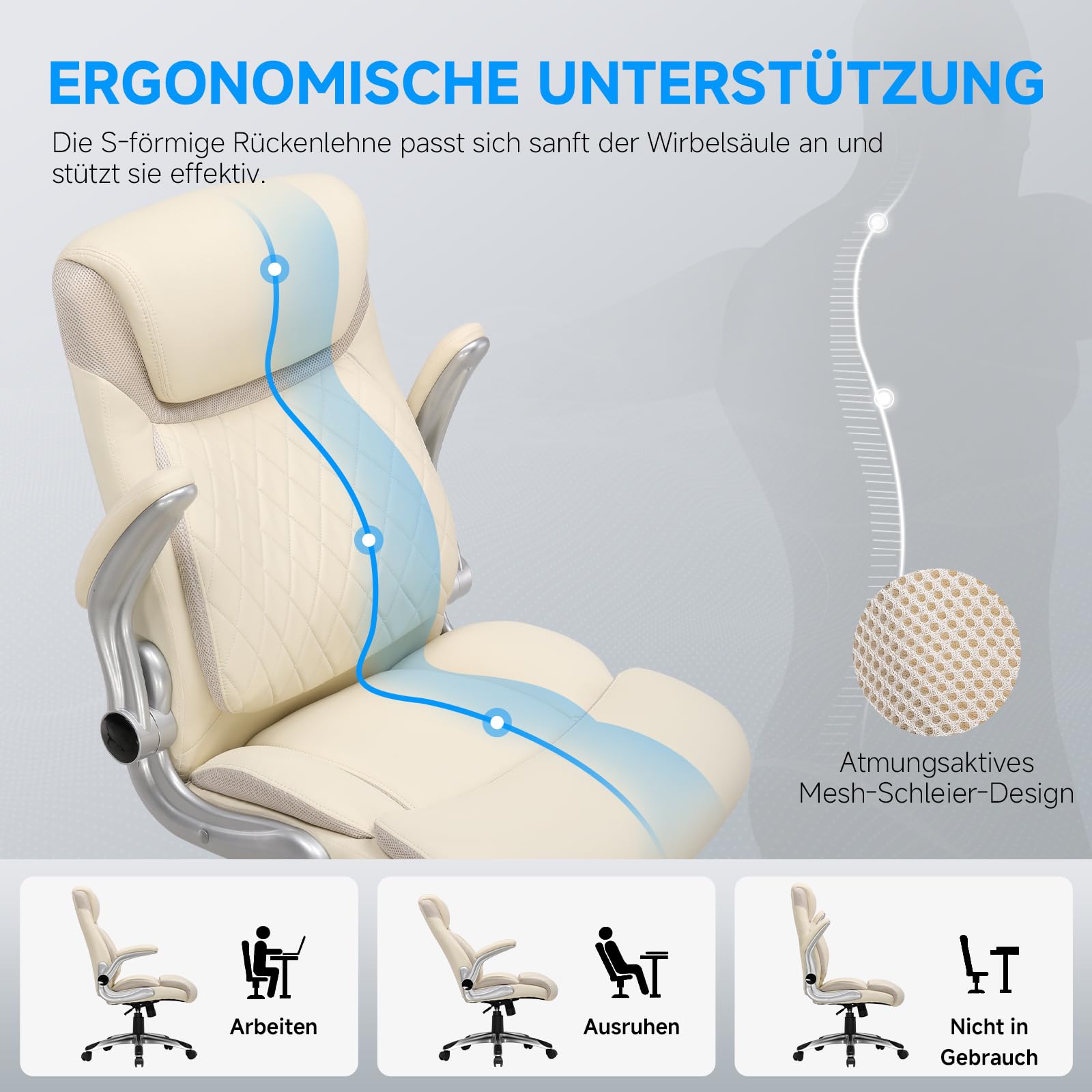 COMHOMA Bürostuhl Ergonomisch, Schreibtischstuhl mit klappbaren Armlehnenmit und Hoher Rückenlehne, Wippfunktion, Chefsessel, Kratzfeste Leder, 180KG, weiß