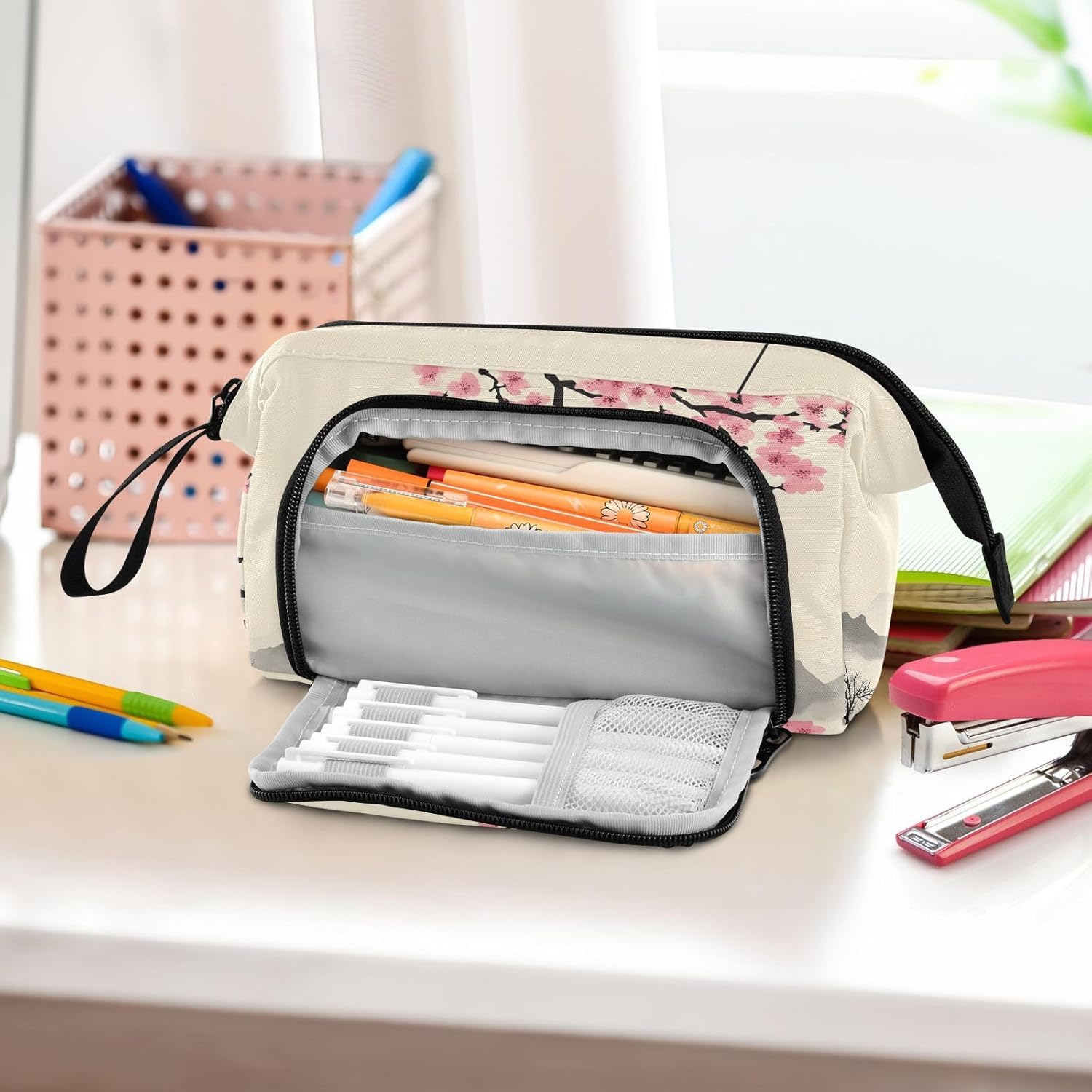 Large Capacity Pencil Case, Japanese Cherry Blossoms Mountains Tower Portable Pencil Bag Pen Case Pouch with Zipper, Office School Stationery Bag Pencil Box Holder for Teens Girls Boys Adult
