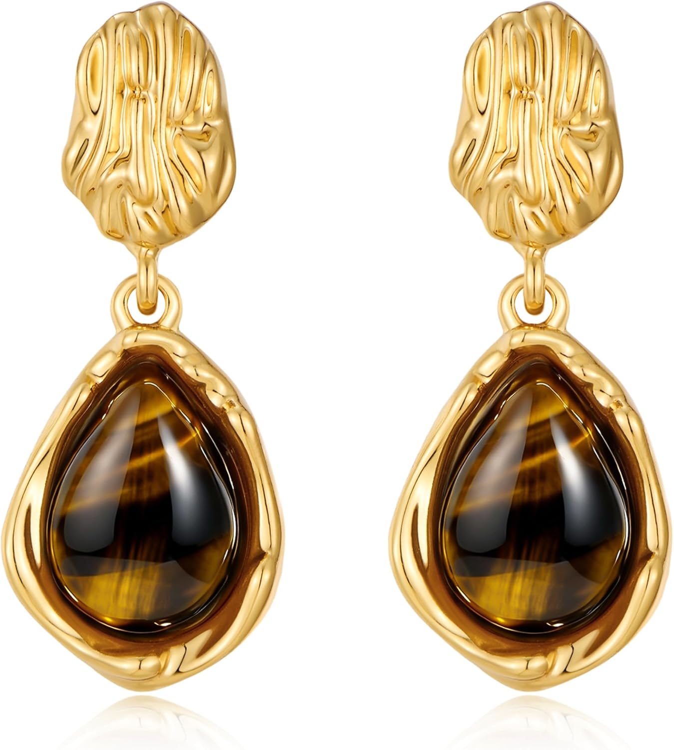 Teardrop Dangle Earrings for Women 14K Gold Plated Textured Brown Tiger Eye Drop Earring Statement Trendy Valentine Jewelry Gifts