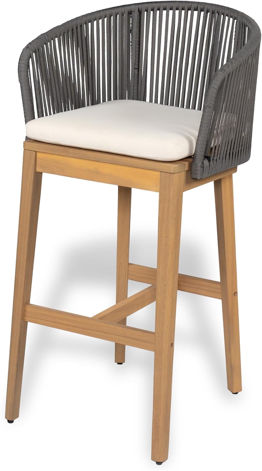 Christopher Knight Home Zax Set of 2 Patio Barstool, Acacia Wood & Rope Outdoor Counter Stool with Backrest/Footrest, Barstool Chairs with Cushion Seating for Backyard Balcony Garden, Beige+Gray+Teak