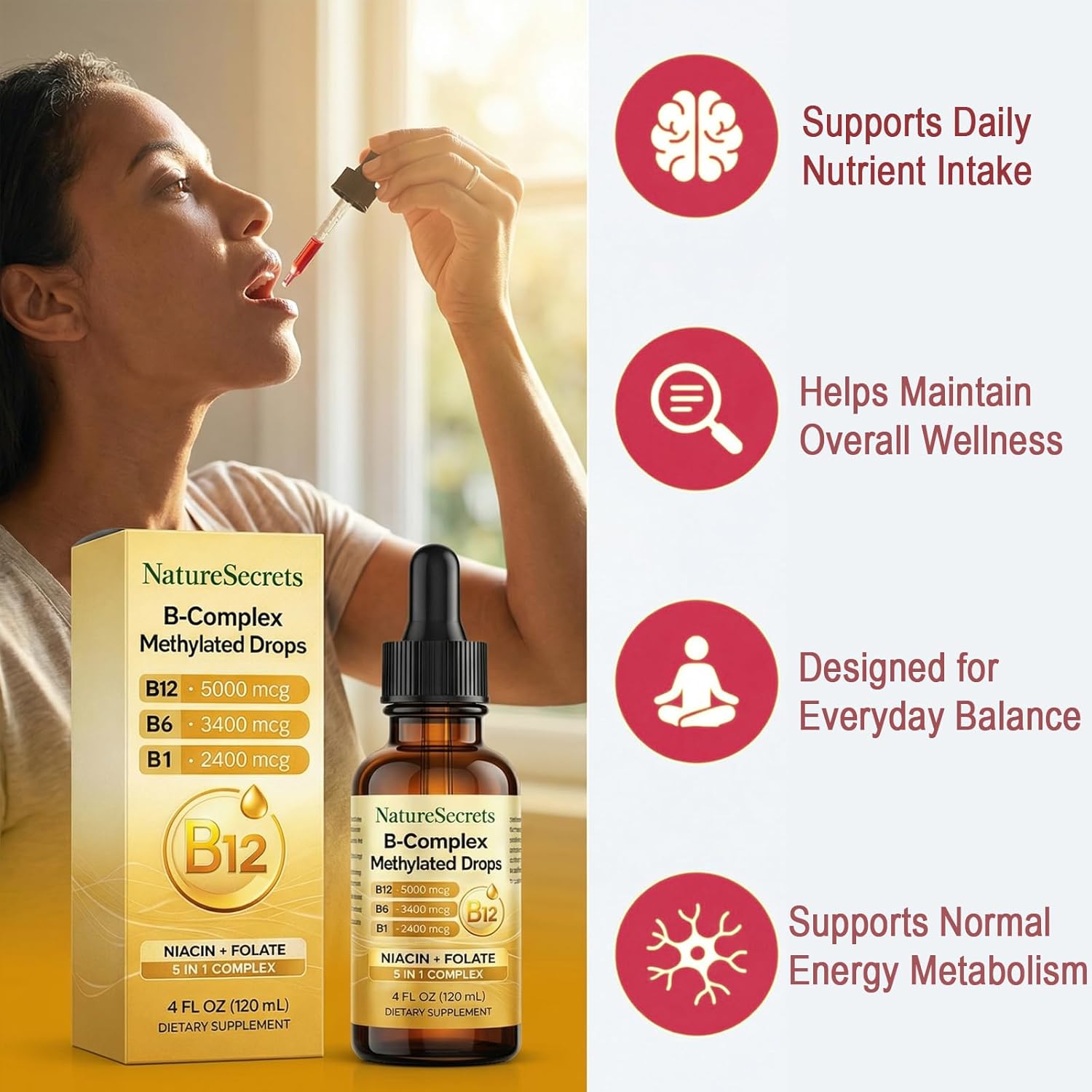 NATURESECRETS B-Complex Methylated Drops, with B12 B6 B1, Fast Sublingual Absorption, Essential B Vitamins for Energy & Nervous System Support, Raspberry Flavor, 120 mL / 4 fl oz