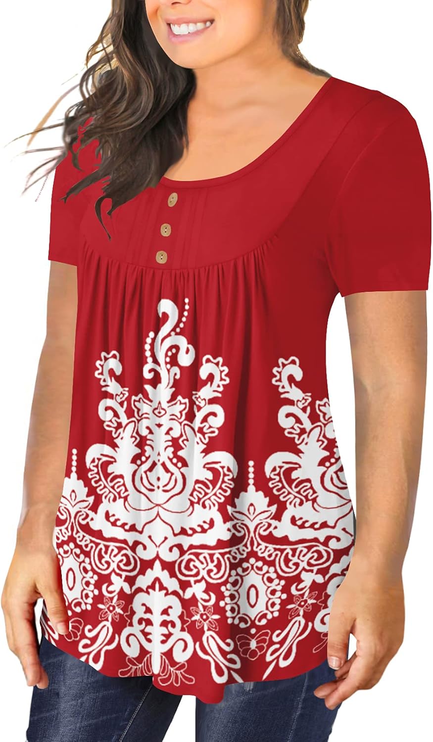 BeadChica Women's Plus Size Tunic Tops Casual Flowy Tshirts Ruched Botton Up Short Sleeve Blouses-Floral-XL Red White - Image 2