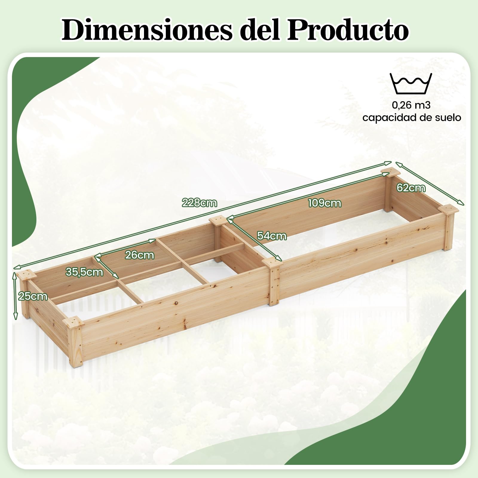 COSTWAY Huerto Urbano Exterior, 228x62x25 cm, Jardinería Elevada de Madera, Cama Elevada de Jardín con 2 Cajas de Cultivo y Divisores para Flores, Vegetales, Jardineras para Patio Césped (Natural)