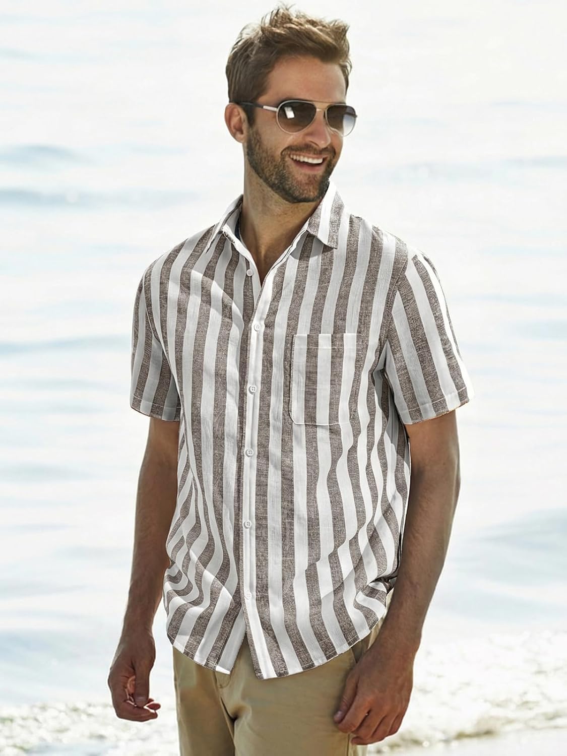 Runcati Mens Striped Button Down Shirts Casual Short Sleeve Linen Shirt Summer Beach Vacation Tops - Image 5