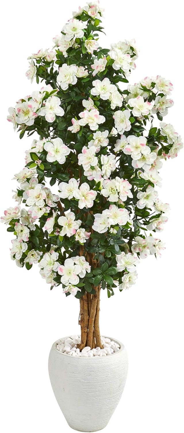 Nearly Natural 5ft. Azalea Artificial Tree in White Planter