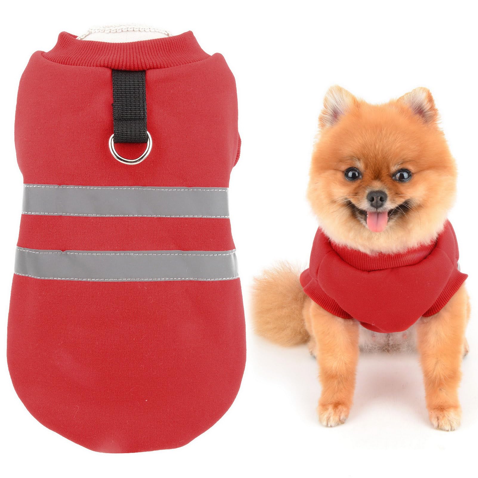 SMALLLEE_LUCKY_STORE Fleece Dog Sweater for Small Dog, Reflective Pet Pullover Vest with D-ring, Solid Puppy Sweatshirt Warm Winter Fall Clothes Chihuahua Yorkie Cat Apparel, Red, L