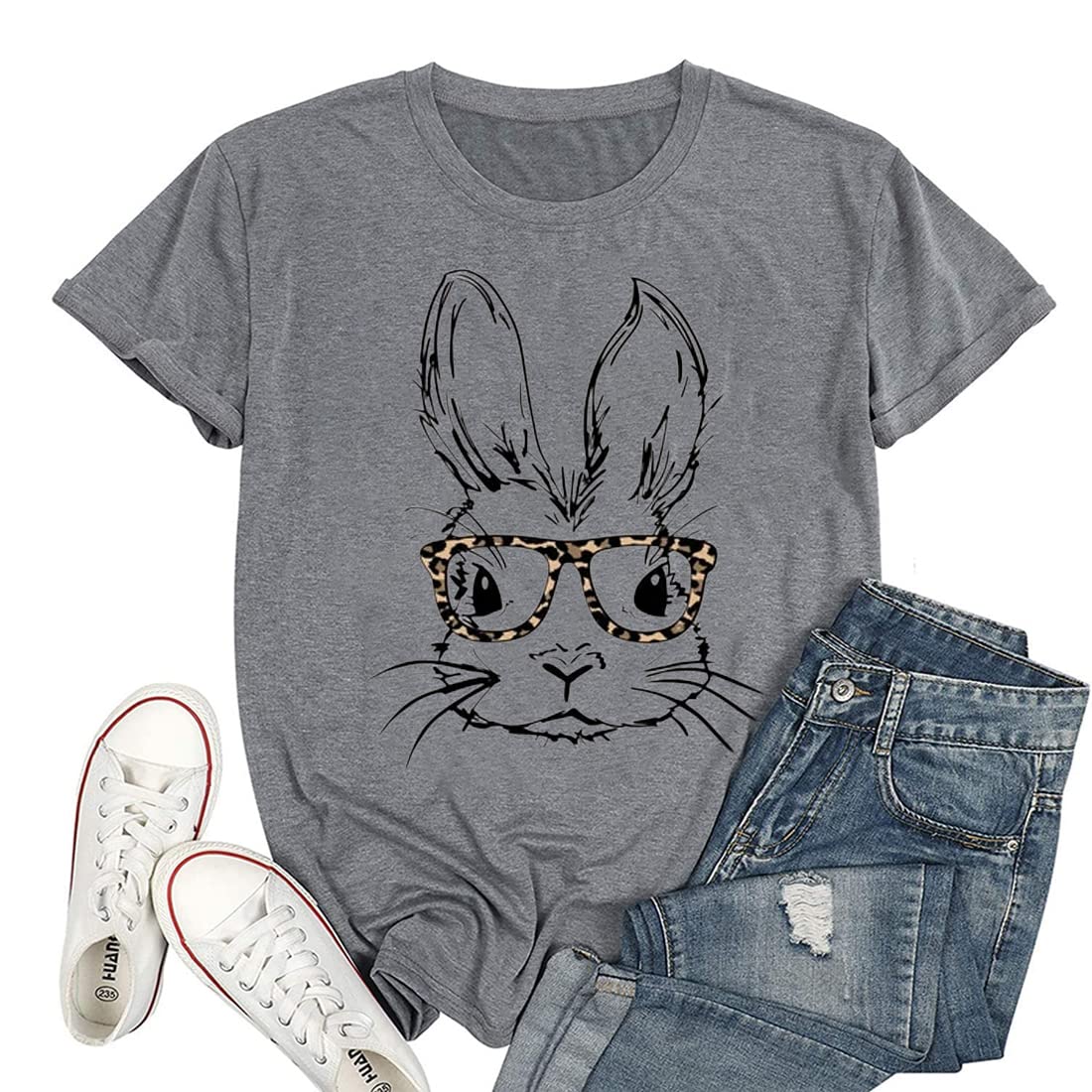 Funny Bunny Print T Shirt for Women Cute Grapic Leopard Shirts Family Blouse Gifts Easter Tops Tee