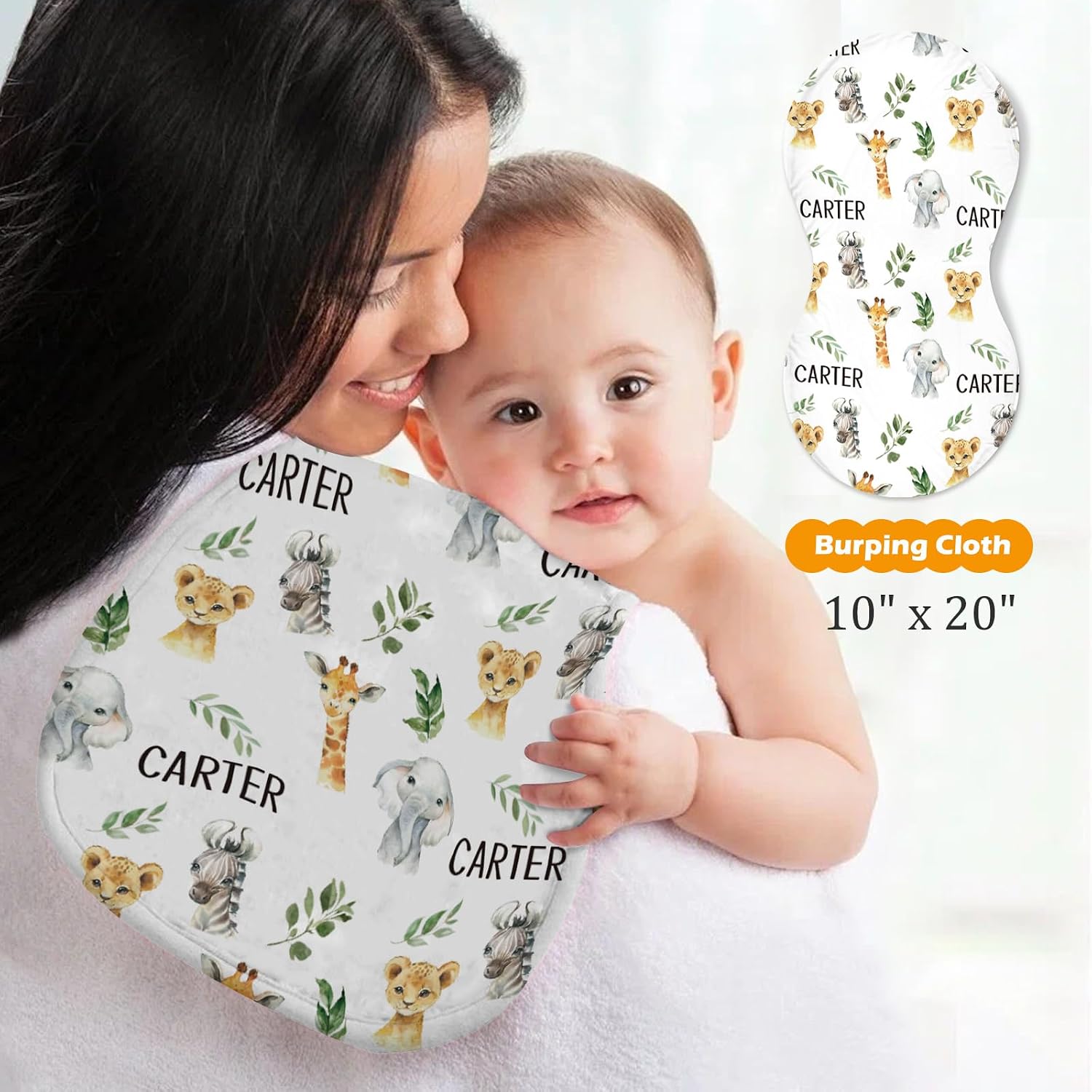 Custom Baby Nursing Swaddling Set: Personalized Custom Name Swaddle Blanket Car Seat Cover Bow Headband Hat Nursing Pillow for Infant Boy Girl Safari Animals Pattern Lion Giraffe Zebra