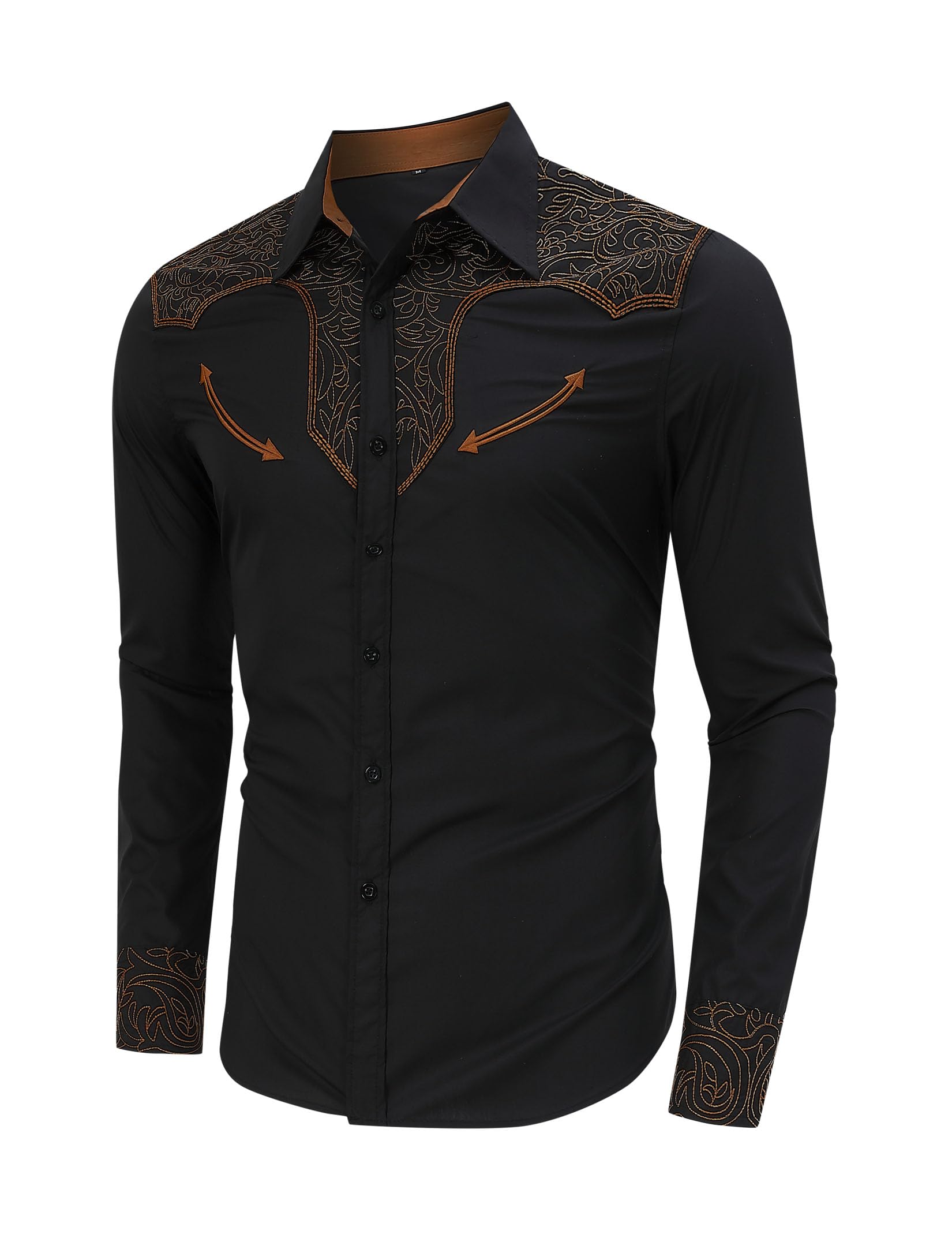 TURETRENDY Camisa vaquera occidental para hombre, bordada, manga larga, ajustada, casual, con botones, estilo hippie