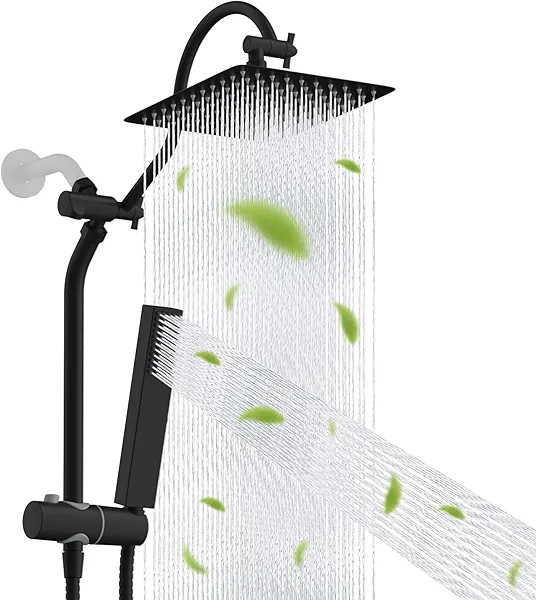 Hibbent All Metal High Pressure 10'' Rainfall Shower Head, Showerhead Combo with 4-mode Handheld Spray, 12'' Adjustable Extension Arm, Extension Bar, Easy Reach Holder, 71'' Hose, Matte Black