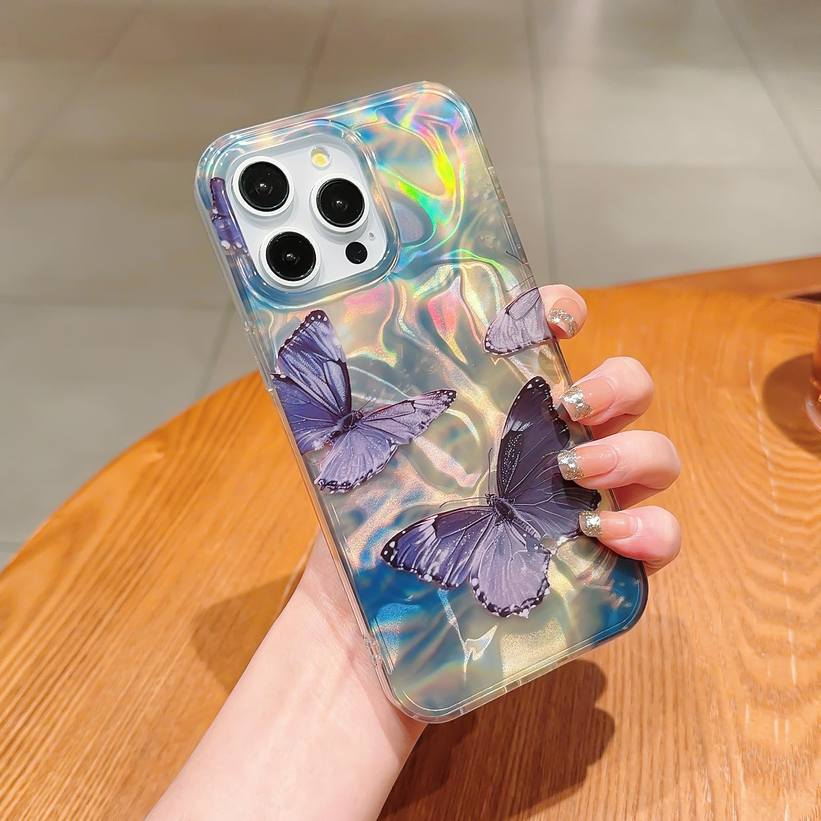 HZYKDWD Compatible for iPhone 14 Pro Max Case 6.7 Inch,Cute Butterfly Quicksand Bling Sparkle Hard Back Art Pattern Design for Soft TPU Shockproof Phone Case for Women Girls-Black Purple - Image 2